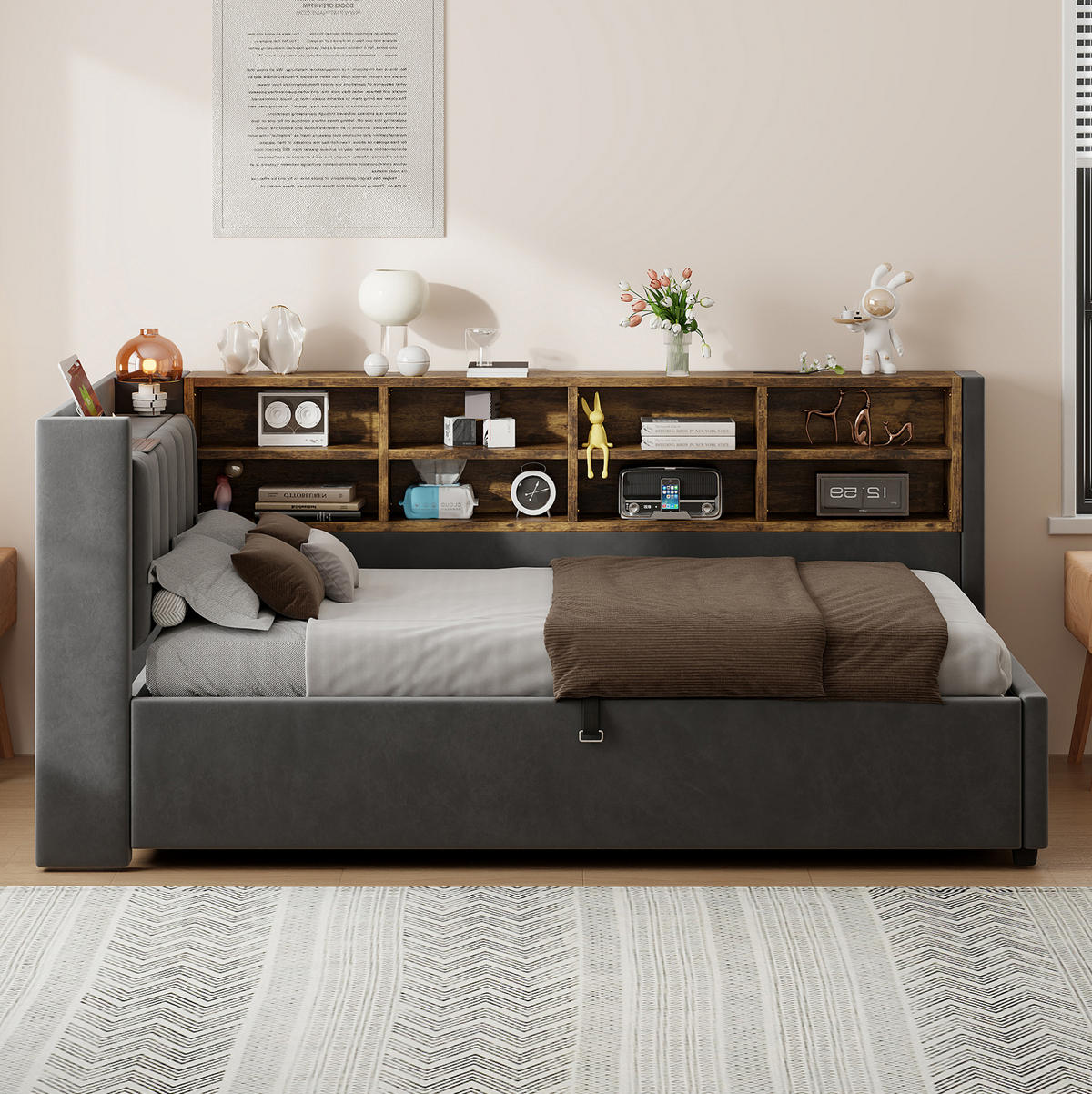 POLSTERBETT aus Samt 90x200 cm Grau mit hydraulischem Bettkasten, Nachtlicht und USB-/Typ-C-Anschluss - Grau, Textil (90/200cm) - Modfu