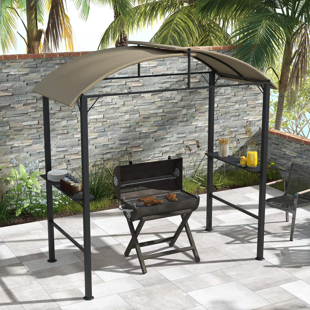 BBQ Grillpavillon mit Haken Stahl Khaki - Braun, Metall (110/235/233cm) - Outsunny
