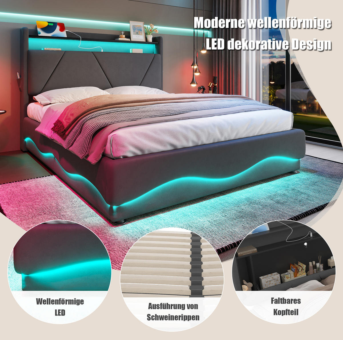 BETT mit LED und Stauraum 140x200 cm Samt Dunkelgrau - Dunkelgrau, Metall (140/200cm) - Meubliv