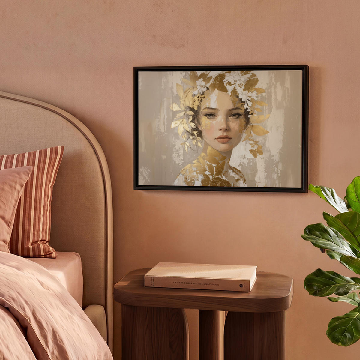 LEINWAND Bilder mit Rahmen - Gesicht - Frau - Blätter - Gold - 40x30 - Beige, Textil (40/30cm) - MuchoWow
