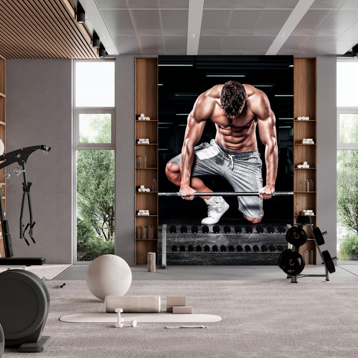 FOTOTAPETE Muskulöser Mann Fitnessstudio Training Sport 250x175 - Beige/Schwarz, Papier (250/175cm) - Muralo