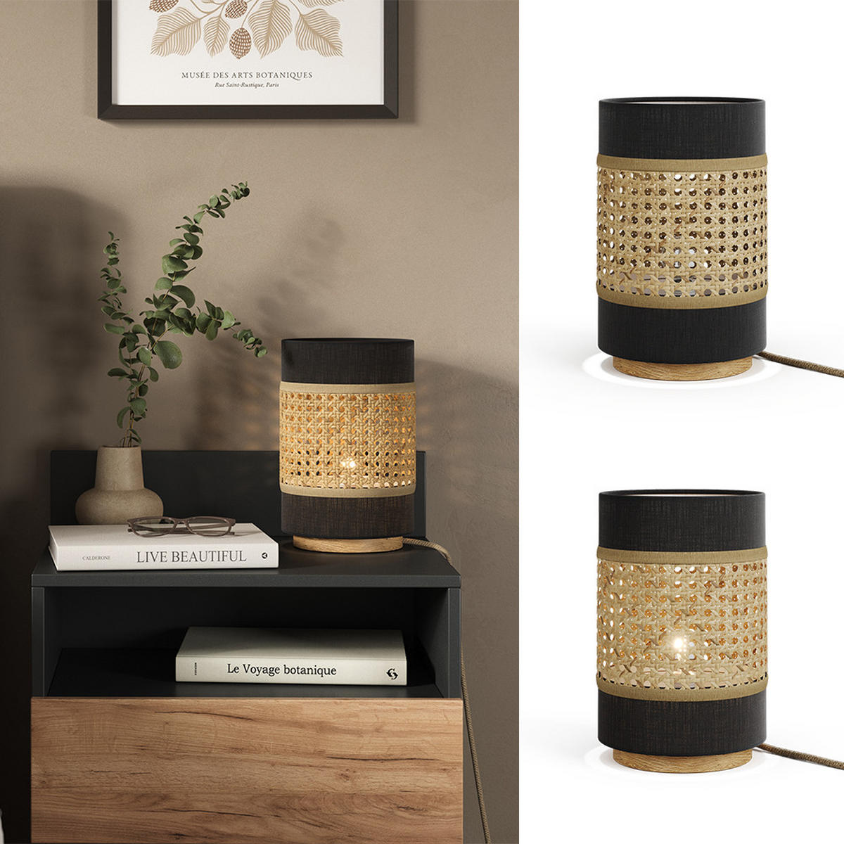 TISCHLAMPE Morten Rattan/Schwarz 17.5 x 26.5 cm - Schwarz/Braun, Holz (17.5/17.5/26.5cm) - Vicco