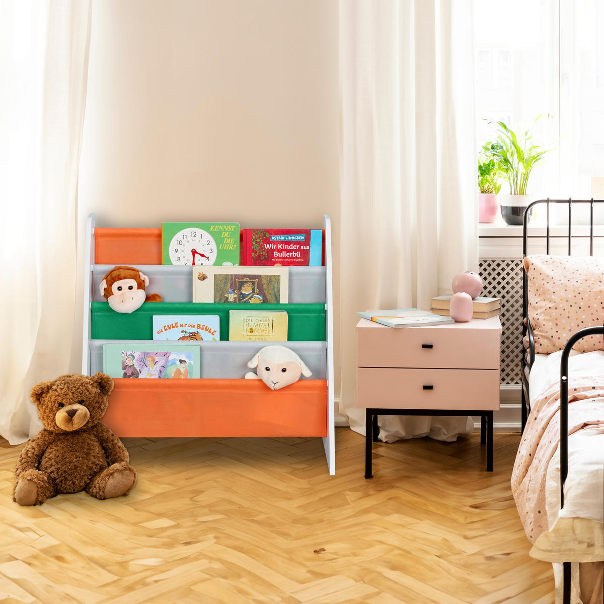 KINDERBÜCHERREGAL - Multicolor, Holzwerkstoff/Textil (62.5/60/28cm) - Relaxdays