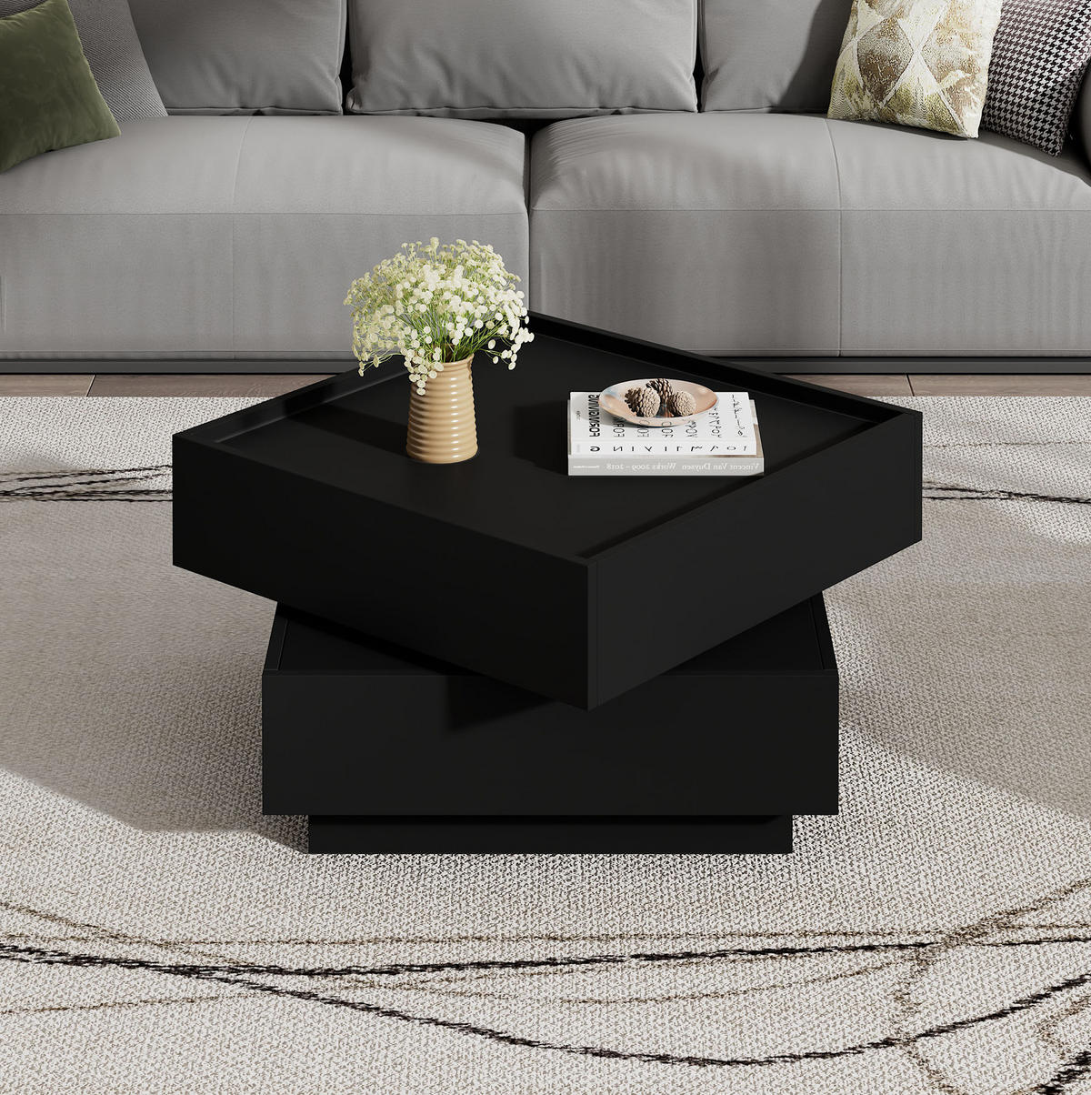 COUCHTISCH drehbar 60 x 60 cm Schwarz mit 2 Schubladen - Schwarz, Holzwerkstoff (60/60/38cm) - Meubliv