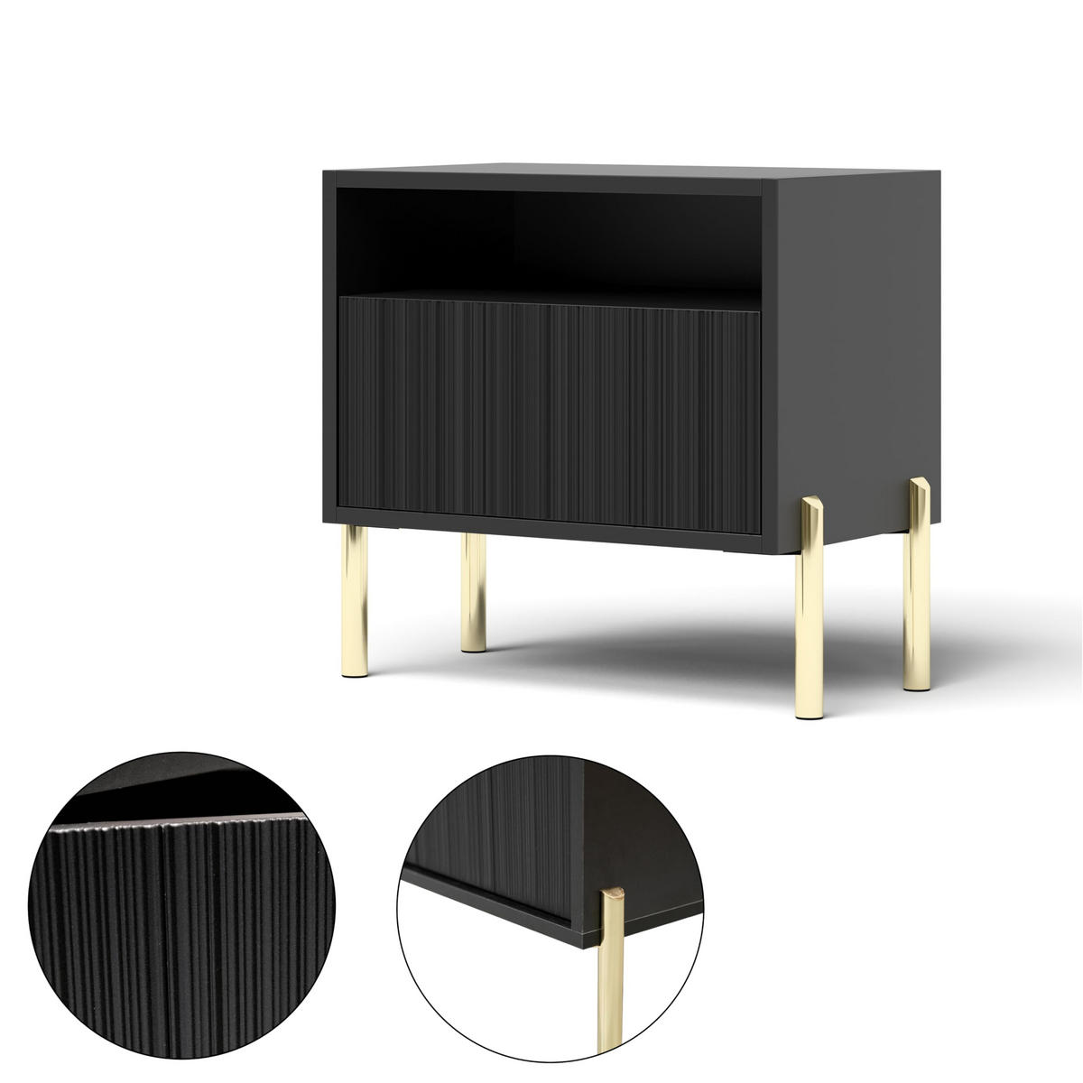 NACHTTISCH Noxy 50x47x31,6 cm - Modern Nachtschrank zum Schlafzimmer - EIN praktischer Commode aus Spanplatten - Schwarz - Schwarz, Holzwerkstoff (50/47/31.6cm) - Chilly