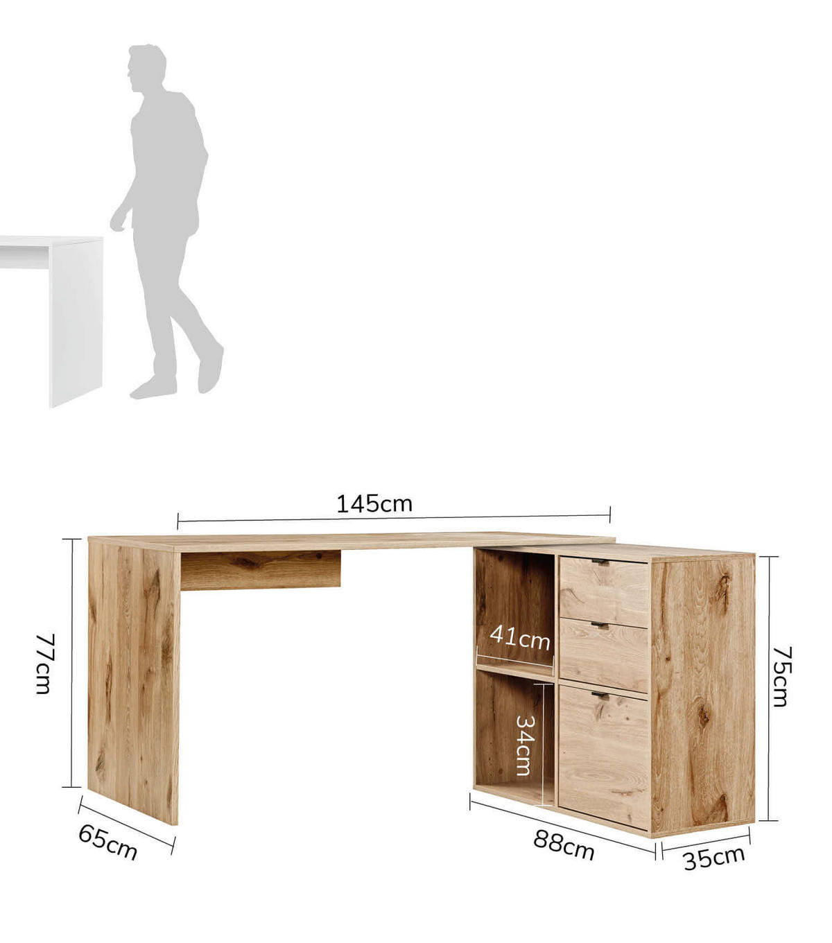 ECKSCHREIBTISCH Der Produktive - Eichefarben, Holzwerkstoff (65/145/77cm) - Mokebo