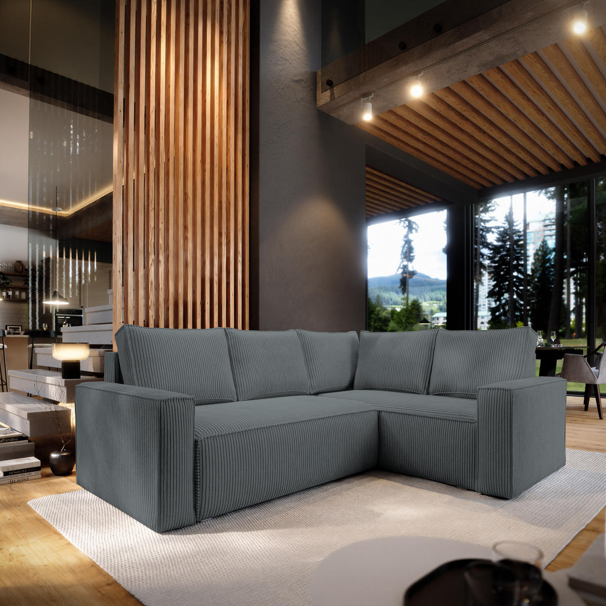 ECKSOFA ESTANO R-S Grau Kordstoff mit Schlaffunktion - Grau, Holz (230/158cm) - MASSENO