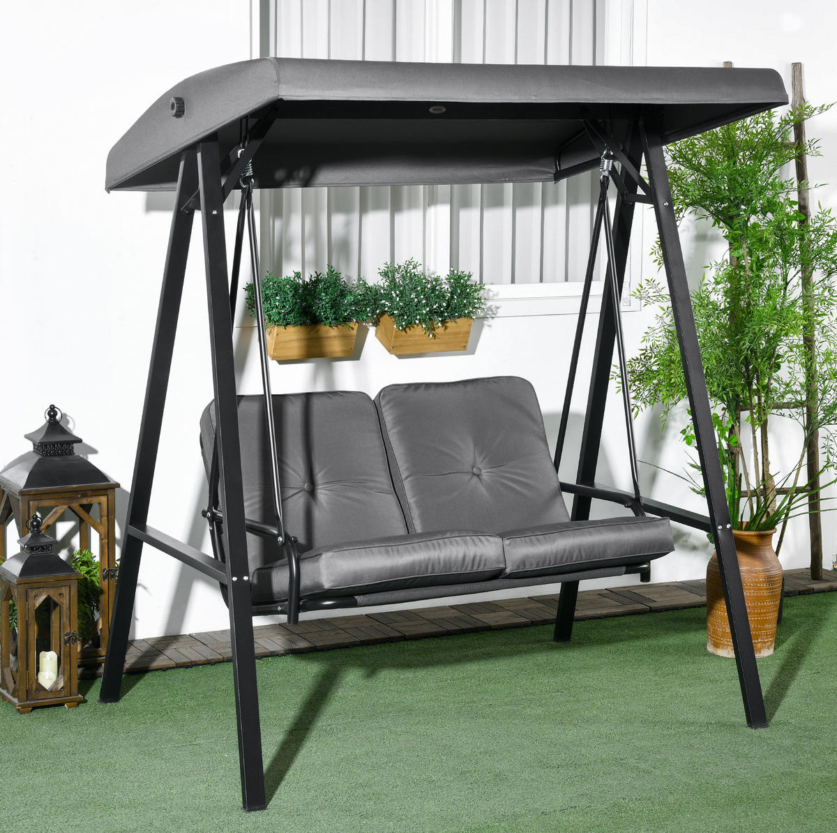 HOLLYWOODSCHAUKEL aus Stahl 145x116x172 cm in Dunkelgrau mit verstellbarem Sonnendach - Dunkelgrau, Metall (145/172/116cm) - Modfu
