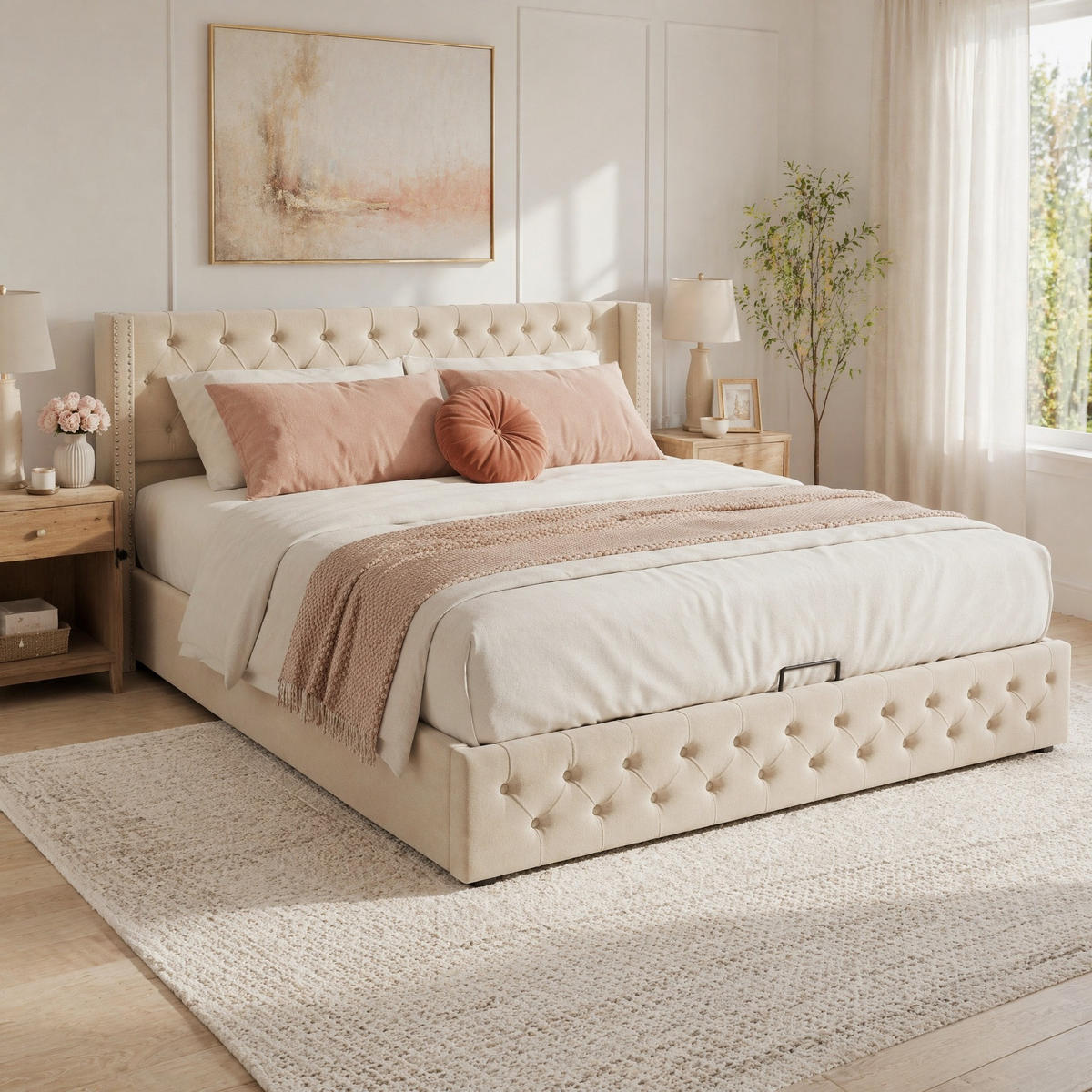 POLSTERBETT 160/200 mit Bettkasten, Rautensteppung und Kopfteil mit doppelter Nietenreihe in Beige - Beige, Holzwerkstoff/Textil (160/200cm) - EVRYAE