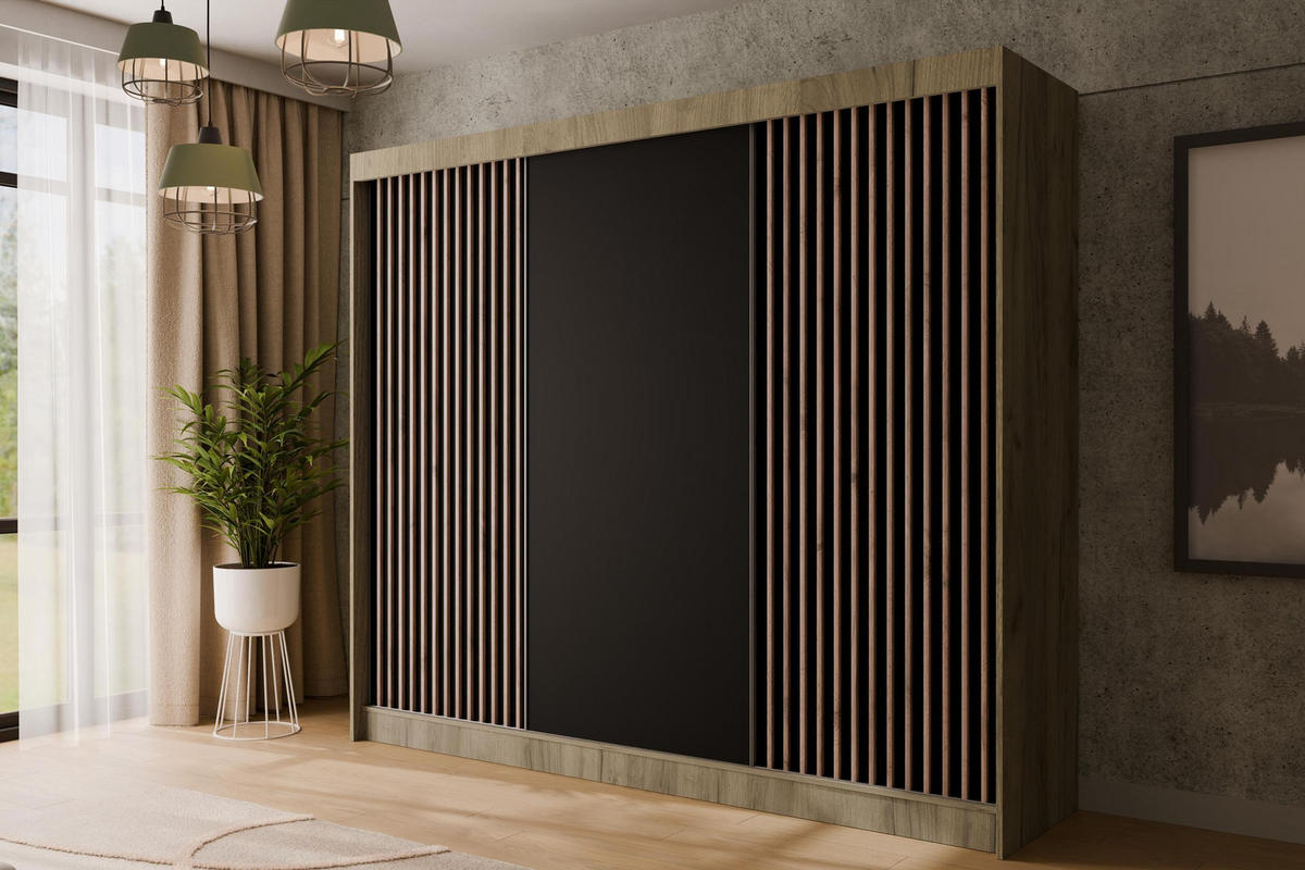 KLEIDERSCHRANK mit Lamel-Schiebetüren VILANv2 - 250 cm Eiche Kraft + Lamelle Eiche Wotan - Hellbraun/Eiche Wotan, Holzwerkstoff (250/215/61cm) - ALTDECOR