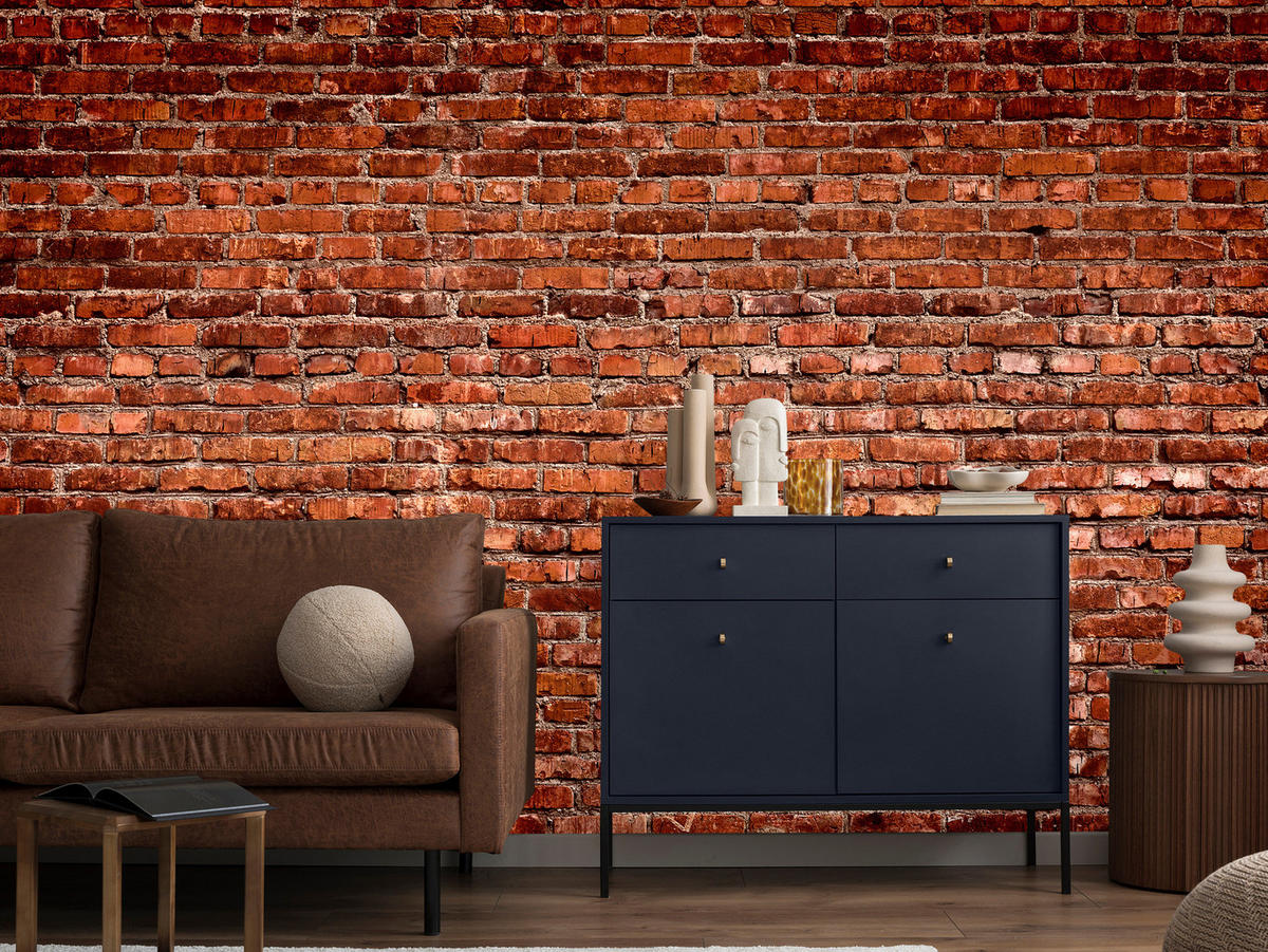 FOTOTAPETE für Wohnzimmer Alte Rote Ziegelwand Rustikal 300x210 - Rot/Orange, Papier (300/210cm) - Muralo