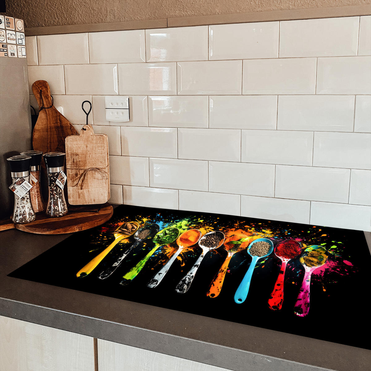 HERDABDECKPLATTE Löffel - Gewürze - Modern - Graffiti - Farbe - Farbenfroh 85x52 cm - Multicolor, Kunststoff (85/52/0.2cm) - MuchoWow