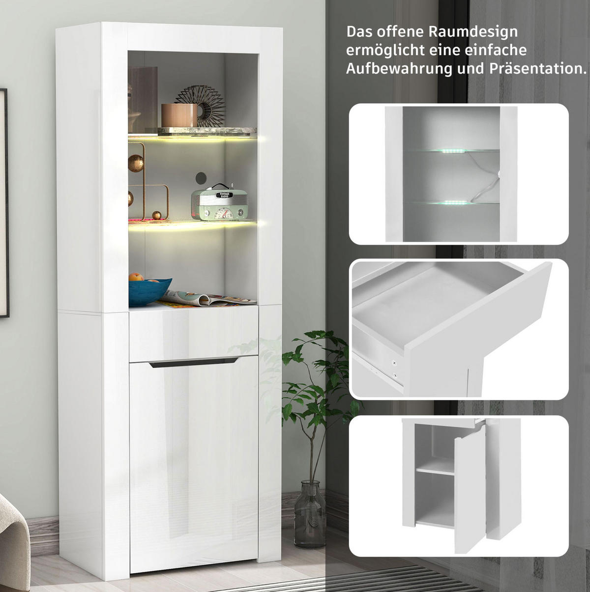 VITRINE 60/35,5/165 cm in Weiß Hochglanz mit LED-Beleuchtung - Weiß, Holzwerkstoff (60/165/35.5cm) - Flora Grace