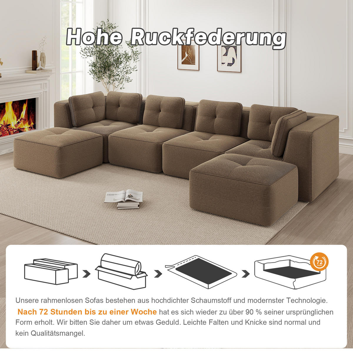 4-SITZER Sofa 386×177×69 cm Cordstoff rahmenlos modular mit 2 Ottomanes, braun - Braun, Textil (177/69/386cm)