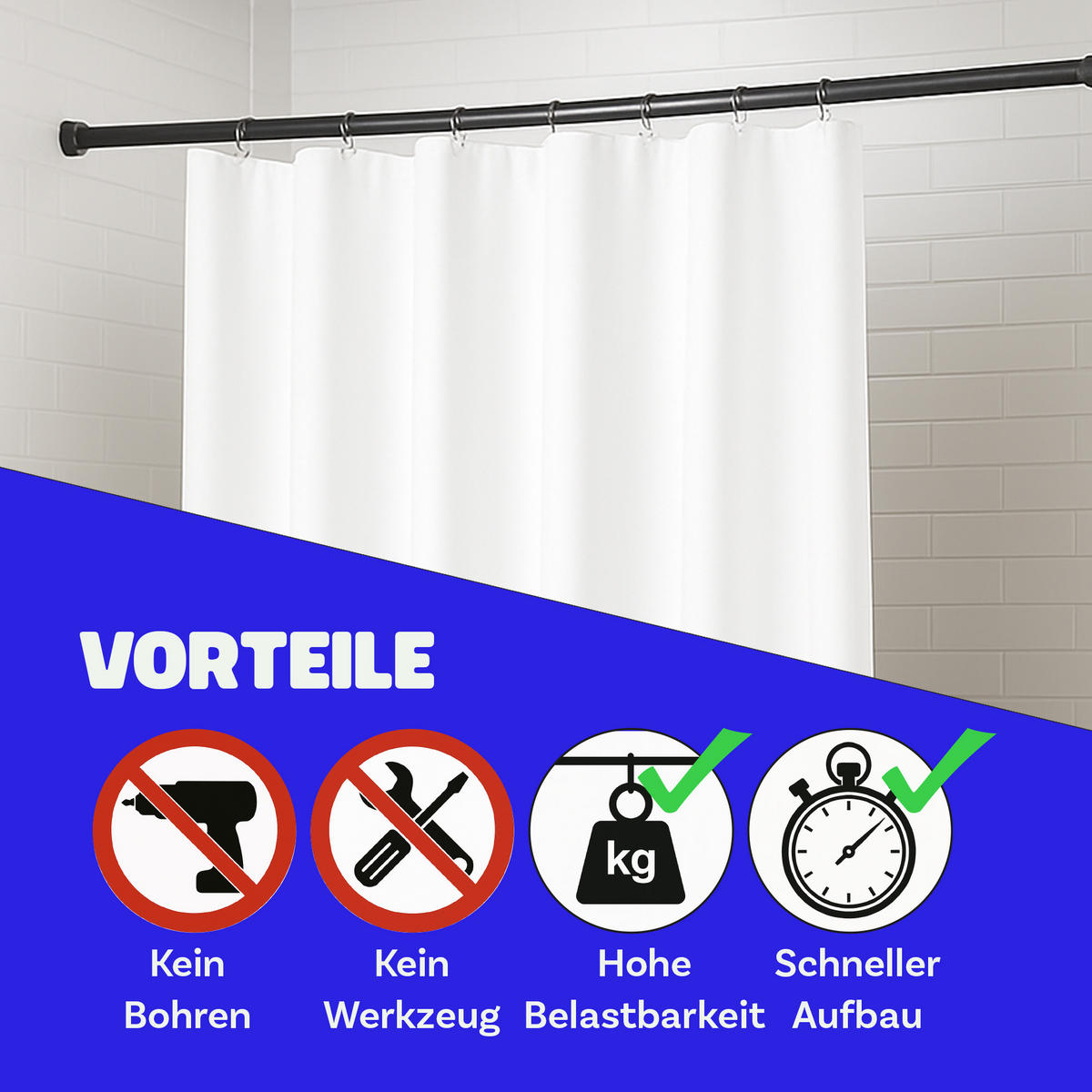 VERSTELLBARE Vorhangstange - Spannstange zum Klemmen Schwarz Ø16/19 mm 80-125 cm - Schwarz, Metall (80cm) - Bestlivings