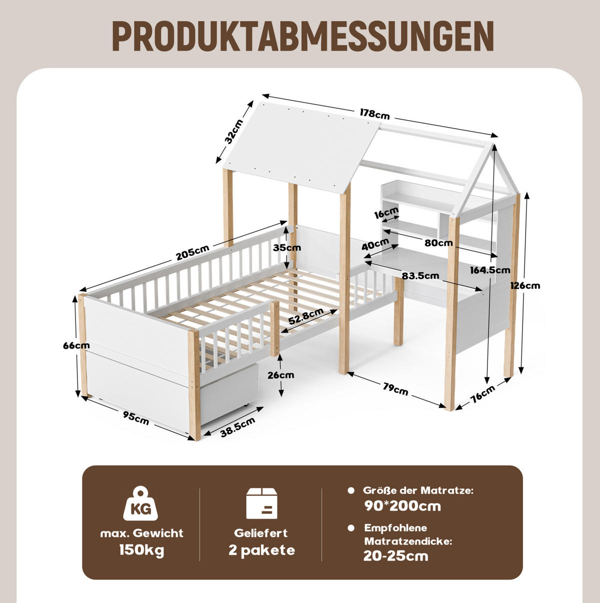 HAUSBETT 90/200 cm in Weiß – mit Schreibtisch, Regal und Rausfallschutz - Weiß, Holz (90/200cm) - BEAOK
