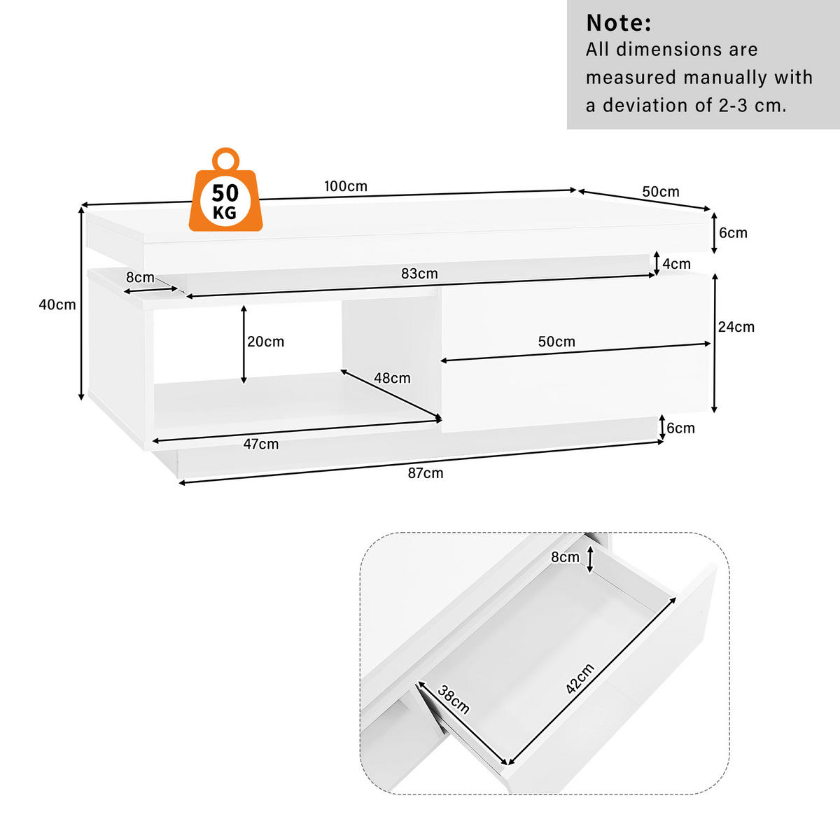 TV-ELEMENT mit Couchtisch - Kombination 2er-Set Weiß mit LED-Beleuchtung - Weiß, Holzwerkstoff (100/40/50cm) - OKWISH