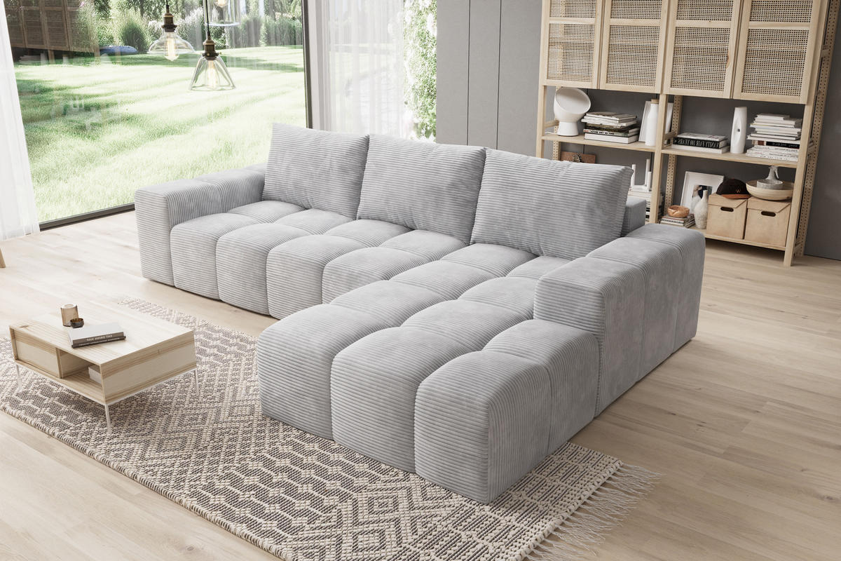 ECKSOFA Cento, L-Form, Ottomane Rechts, Cordstoff, 285x56x180 cm, Grau - Grau, Holz (250/180cm) - PROMETO Möbel