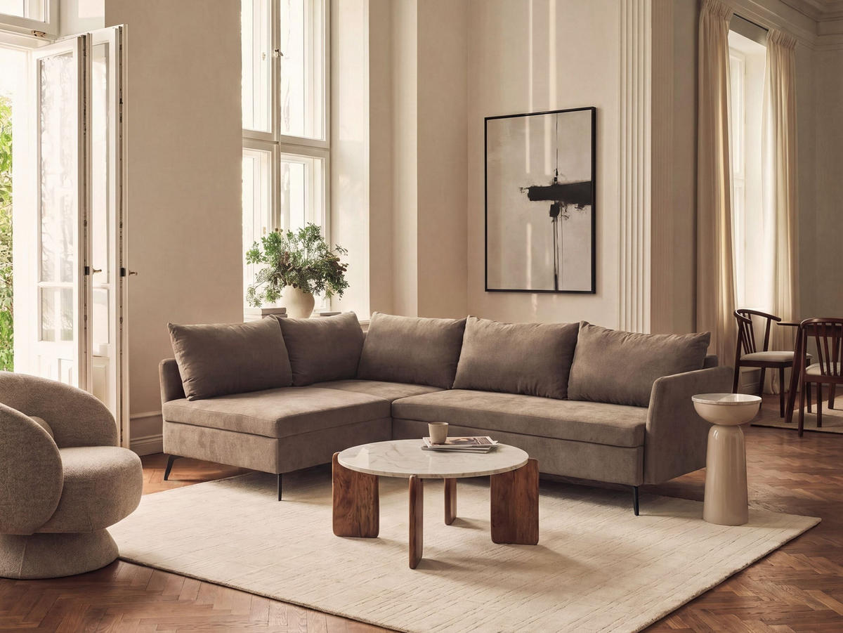 ROZKLÁDACÍ ROHOVÁ POHOVKA 3-místná Látka Hnědá s úložným prostorem pravostranná Koge - hnědá, textil (281/93cm) - Beliani
