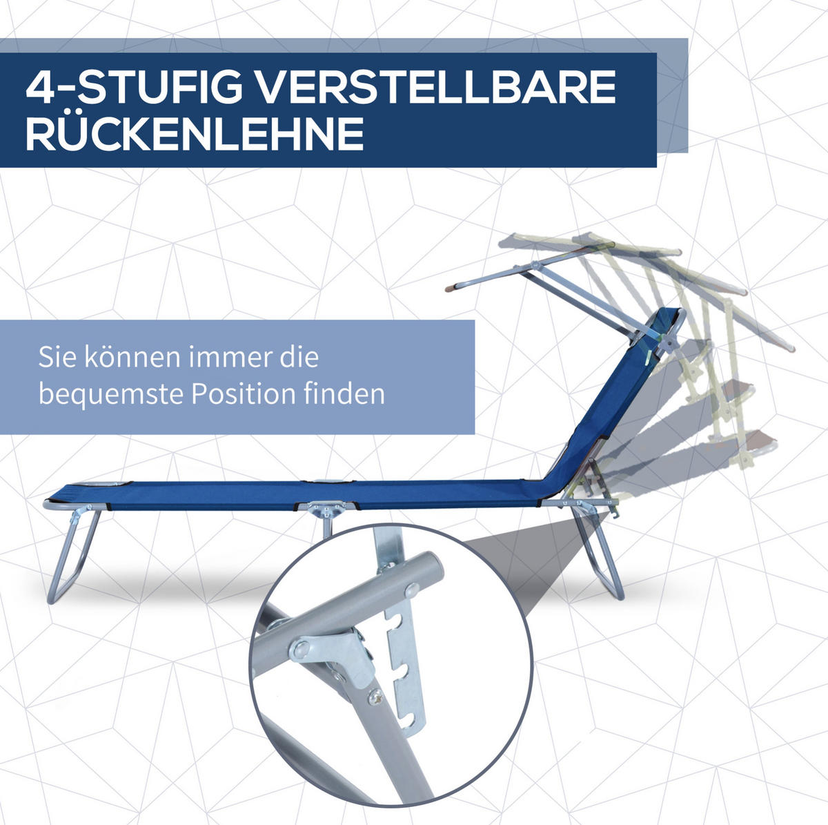 SONNENLIEGE aus Metall 187x58x36 cm Blau mit Sonnendach, klappbar und 4-fach verstellbarer Rückenlehne - Blau, Metall (58/36/187cm) - Modfu