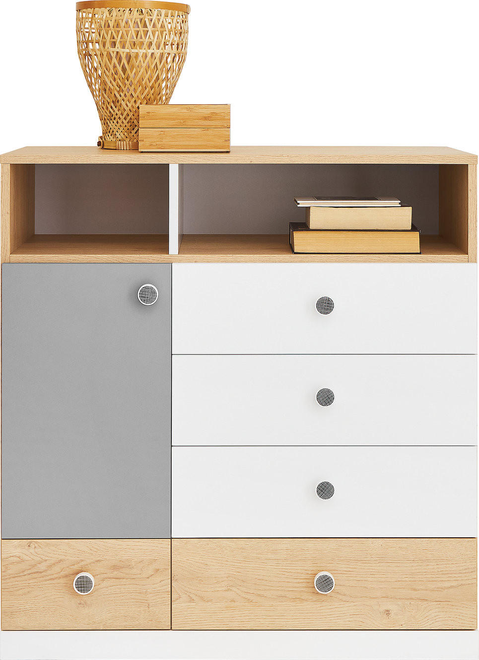 KOMMODE BRERA 85/90/40cm mit 5 Schubladen 1 Türen Eichefarben - Eichefarben/Weiß, Holzwerkstoff (85/90/40cm) - MASSENO