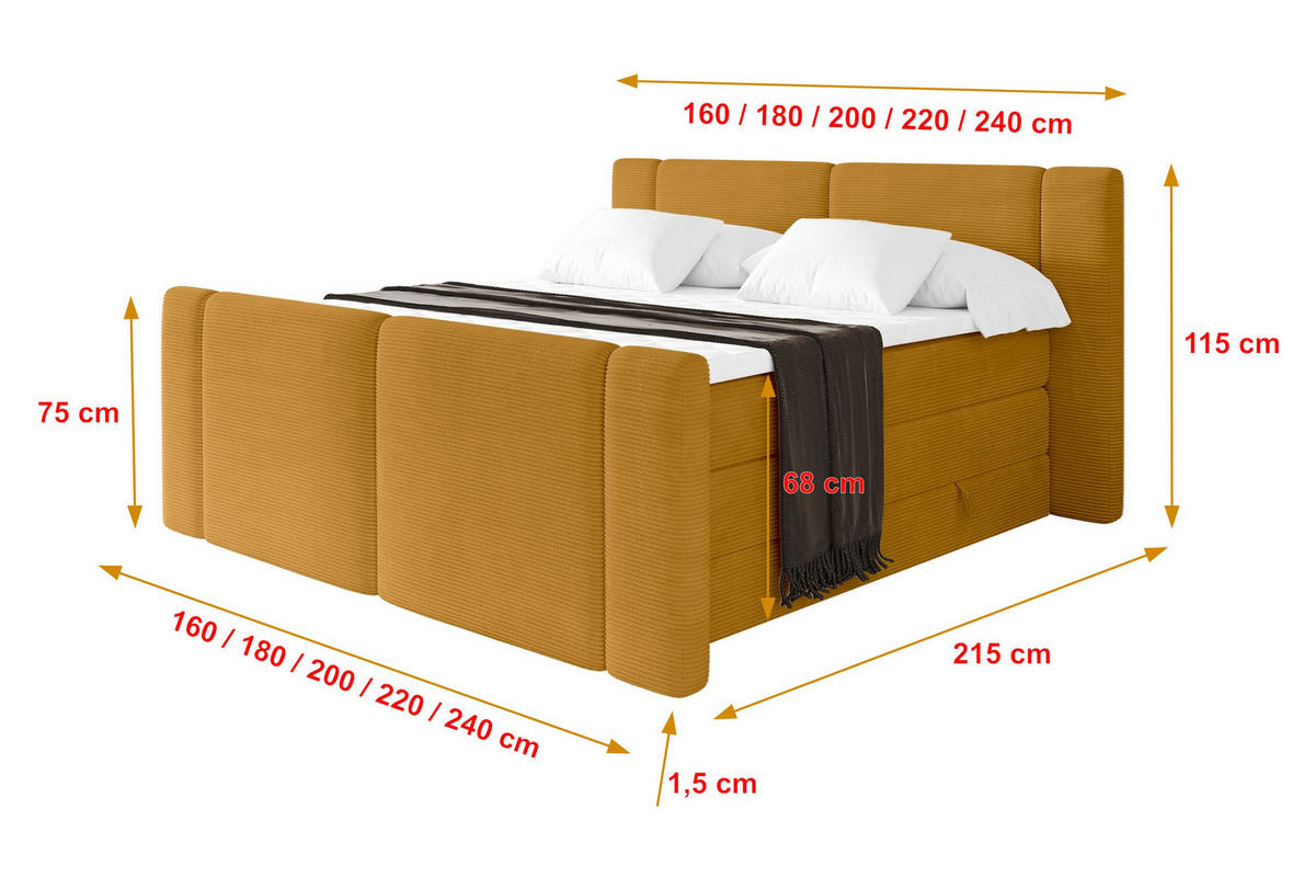 BOXSPRINGBETT mit Matratze H3/H4 - EVON KING Zanozek - 140x200 cm Senfgelb - Dunkelgelb, Holzwerkstoff (140/200cm) - ALTDECOR