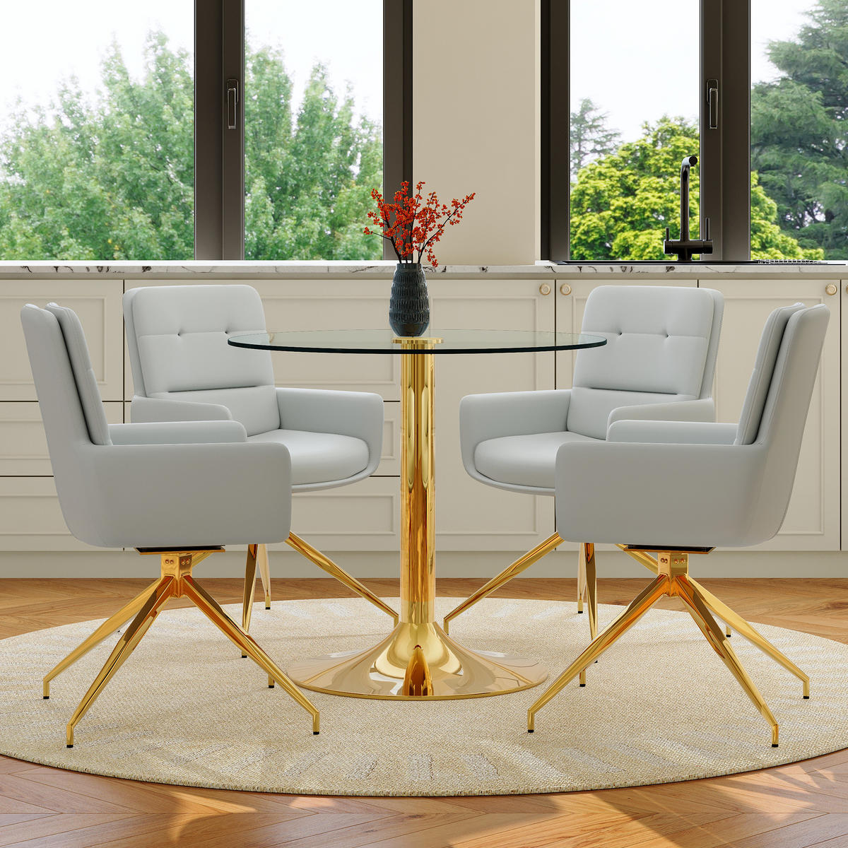ESSGRUPPE rund 85 cm Glas Gold mit 4 Drehstühlen Hellgrau - Transparent, Metall (85/76/85cm) - Meubliv
