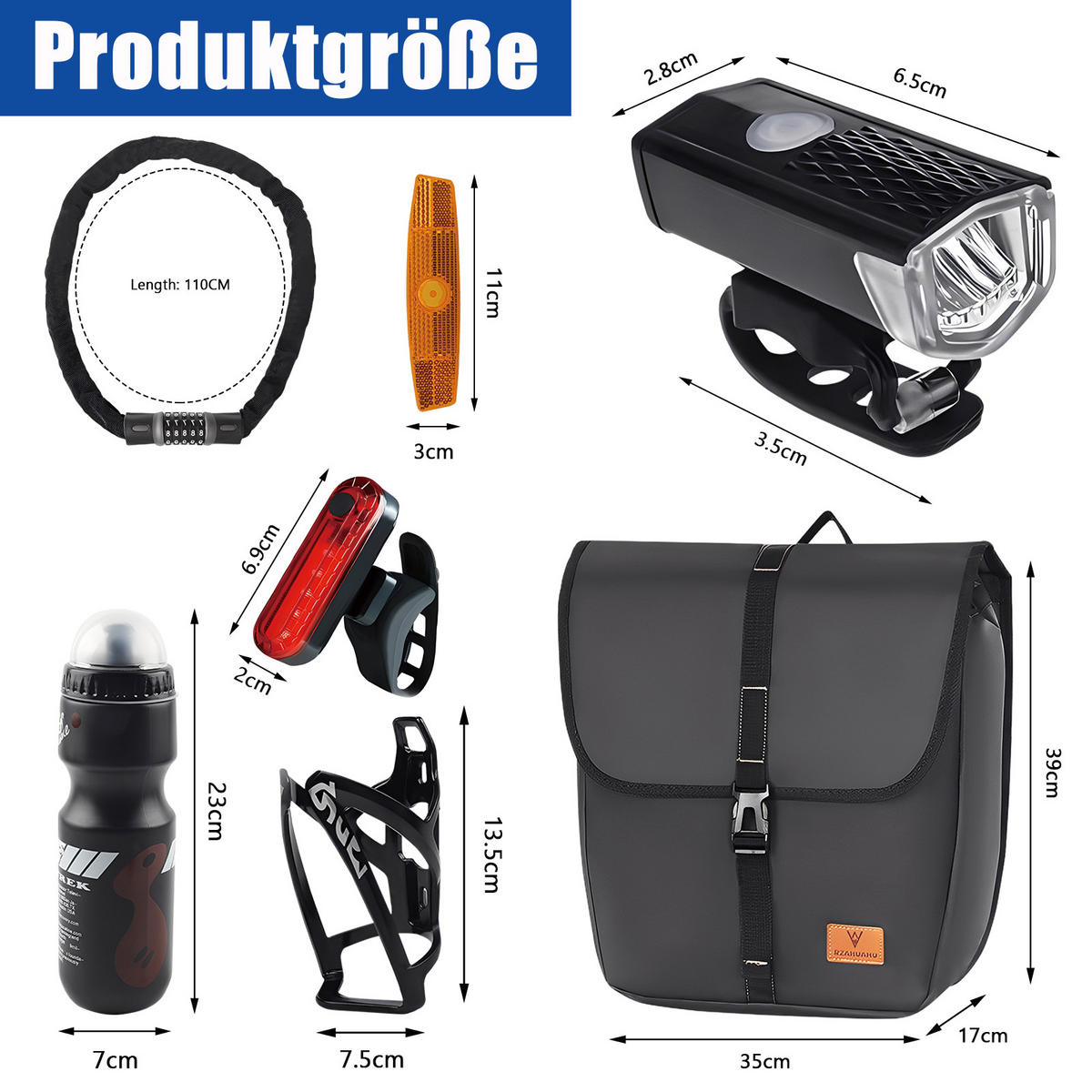 FAHRRADZUBEHÖR Set 8in1, LED-Licht, Satteltasche, Trinkflasche & Schloss - Schwarz, Textil (17/39/35cm)