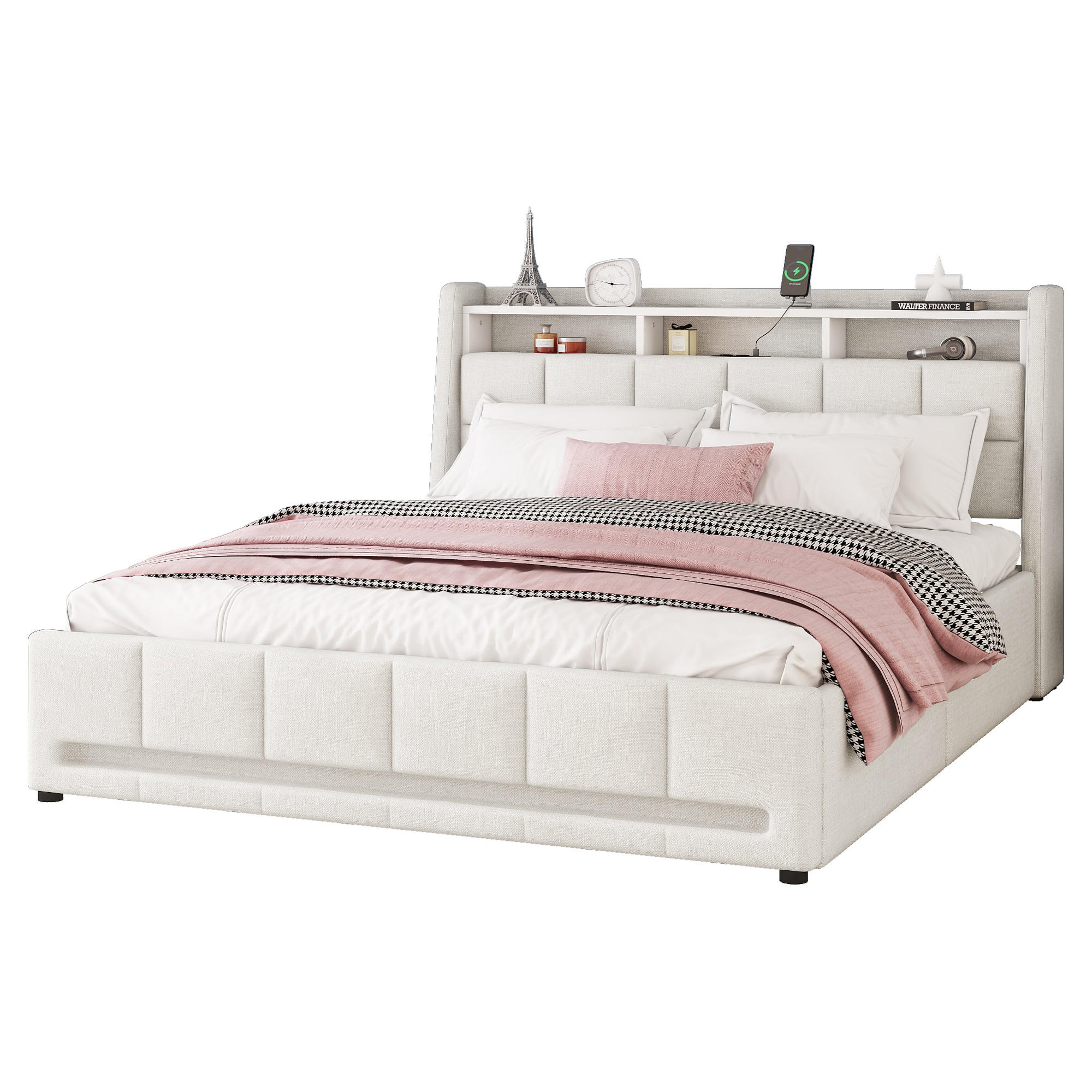 POLSTERBETT 140/200 cm beige mit LED-Beleuchtung und USB-Anschluss - Beige, Textil (140/200cm) - OKWISH