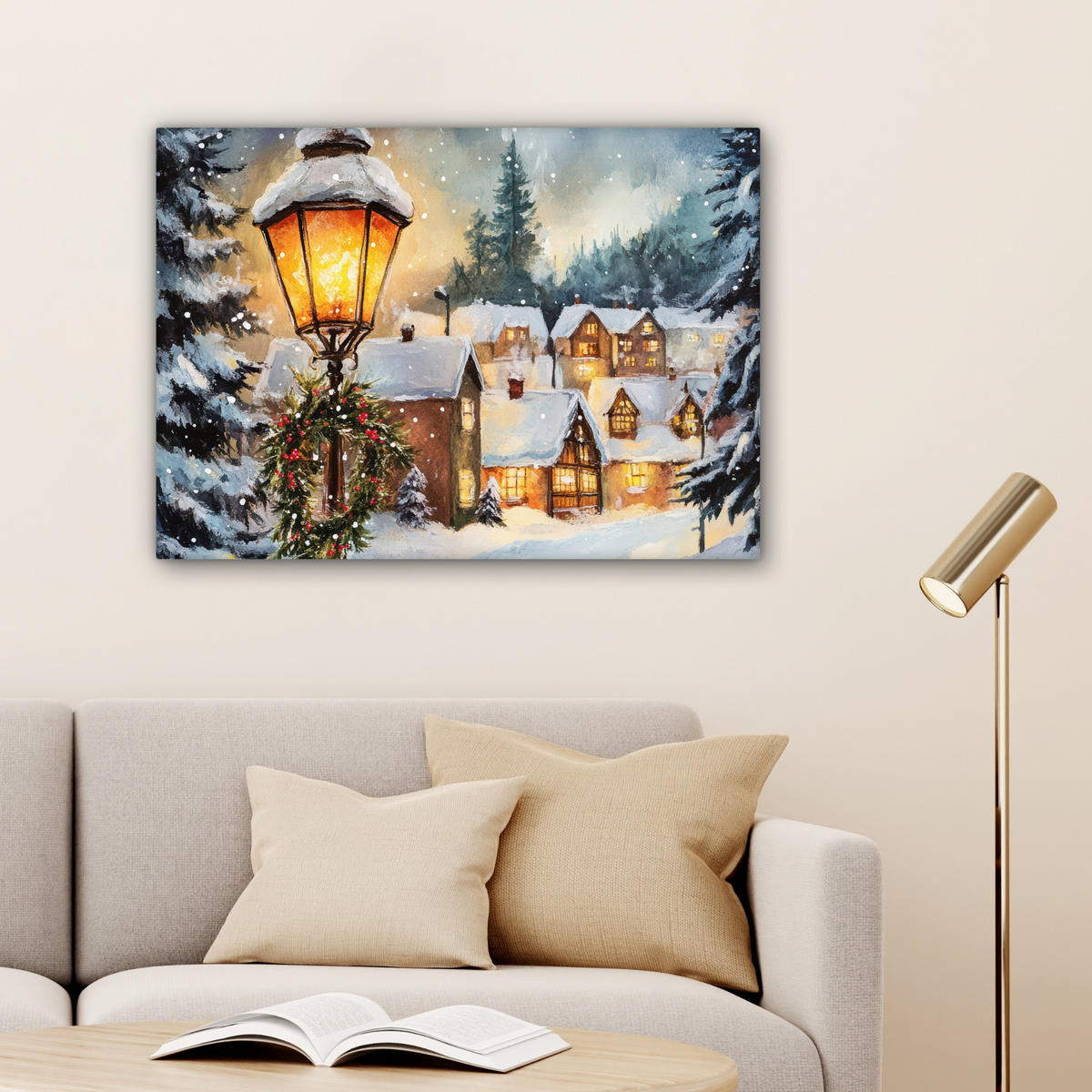 LEINWANDBILD Weihnachtsdorf - Häuser - Schnee - Weihnachten Wandbilder 80x60 cm - Sandfarben, Textil (80/60cm) - MuchoWow