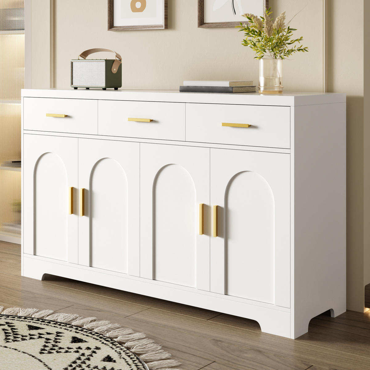 SIDEBOARD Weiß 4 Türen 3 Schubladen Gold Griffe MDF - Weiß, Holzwerkstoff (140/83/40cm) - FLIEKS