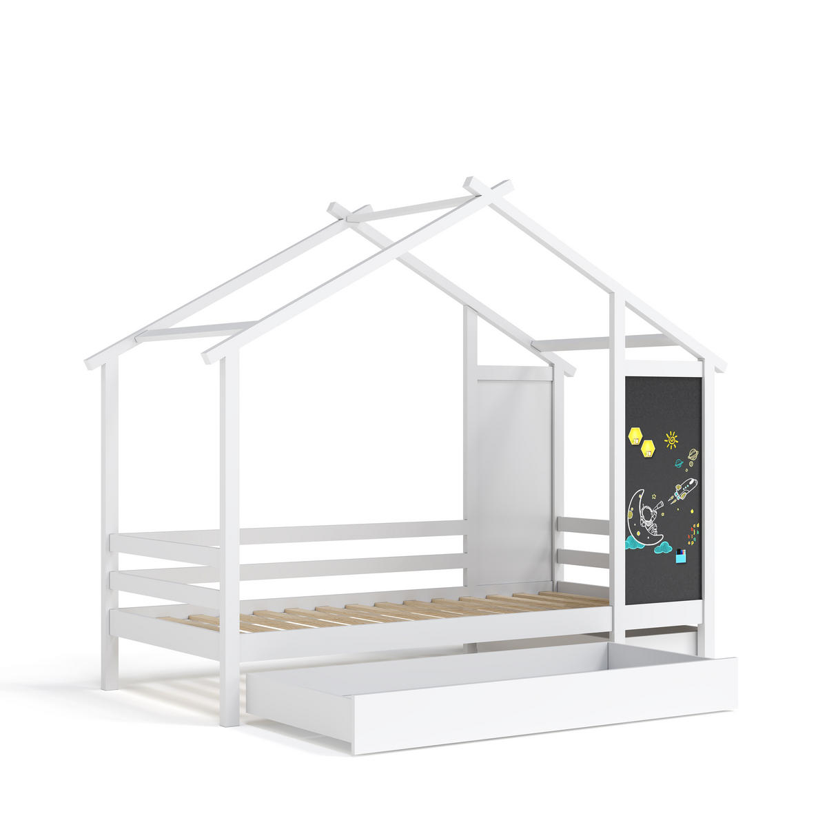 HAUSBETT 90 x 200 cm mit Tafel und 2 Schubladen, Weiß - Weiß, Holz (90/200cm)