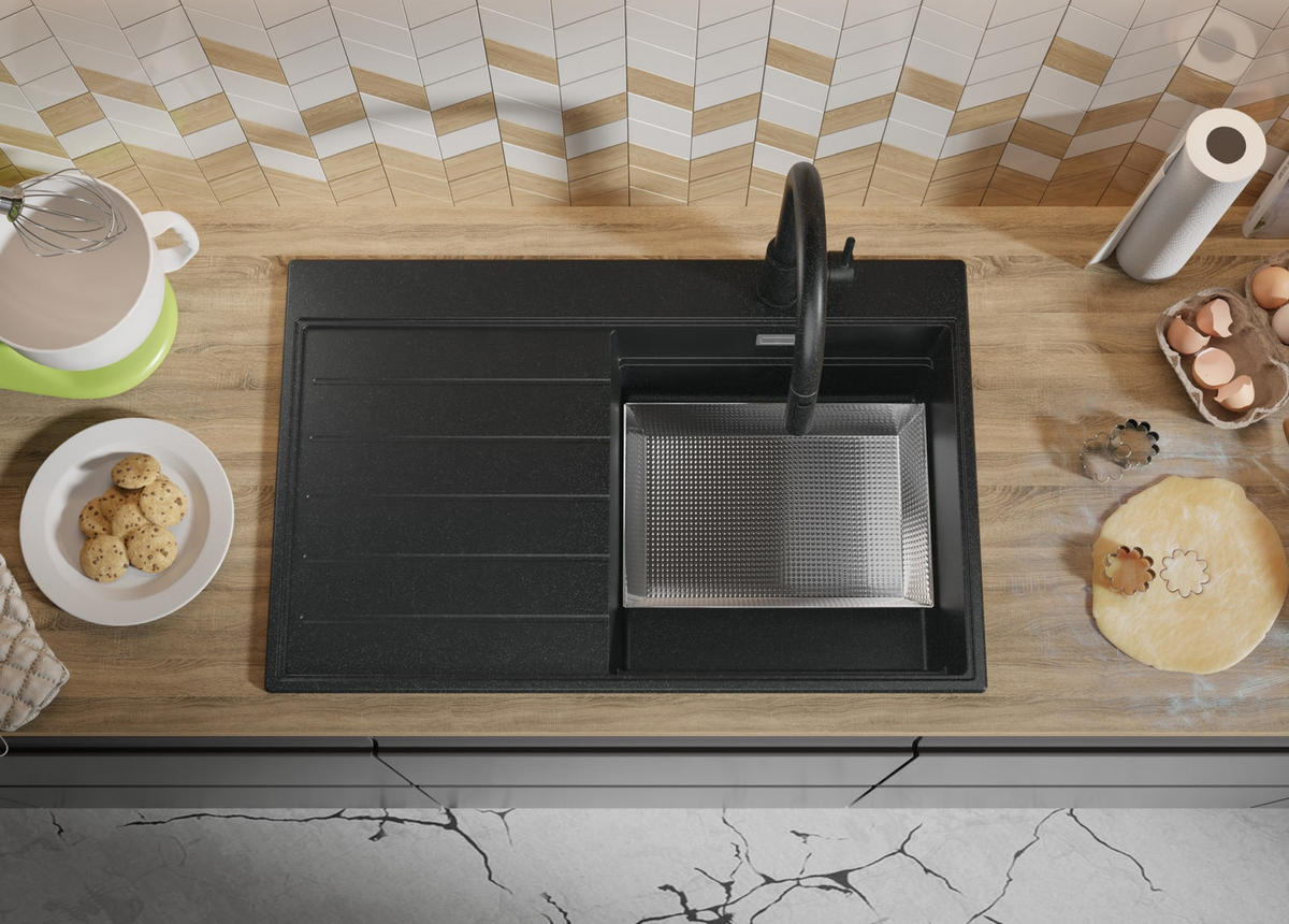 SPÜLBECKEN Sydney, 2-er set Anthrazit 78/50 cm 1 Becken + Ablauf-Set + Küchenzubehörset ab 45er Unterschrank - Chromfarben/Anthrazit, Kunststoff (78/20/50cm) - Primagran
