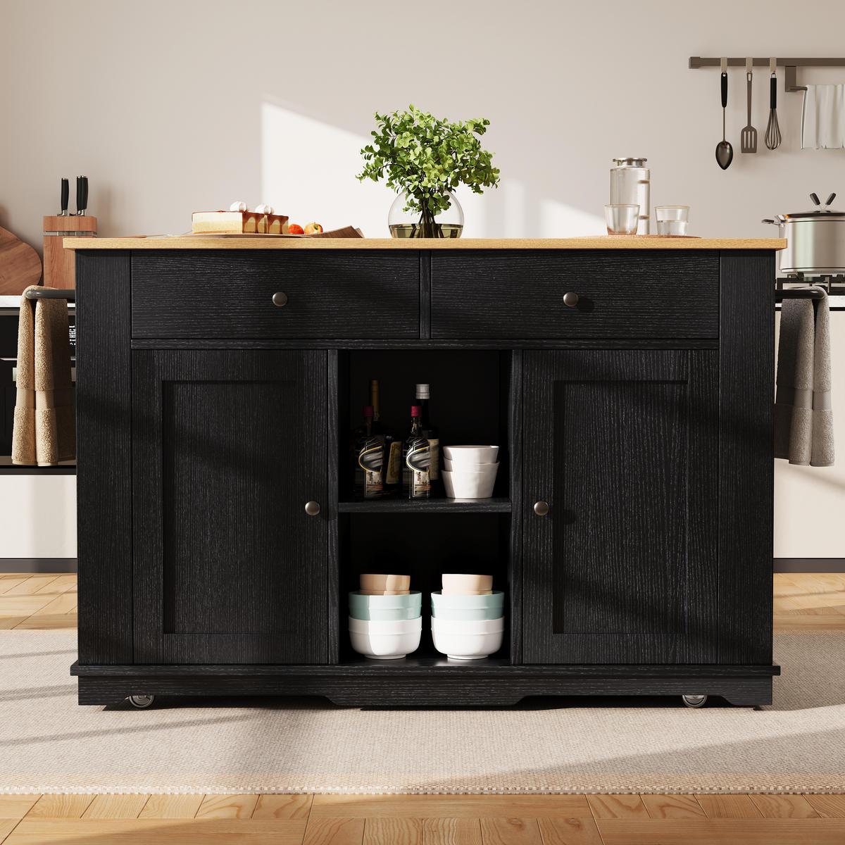 KÜCHENINSEL Schwarz 151,5/59,7/91,7 cm Klappbar fahrbar mit Steckdosenleiste - Schwarz, Holzwerkstoff (151.5/91.7/59.7cm) - PANGIVO