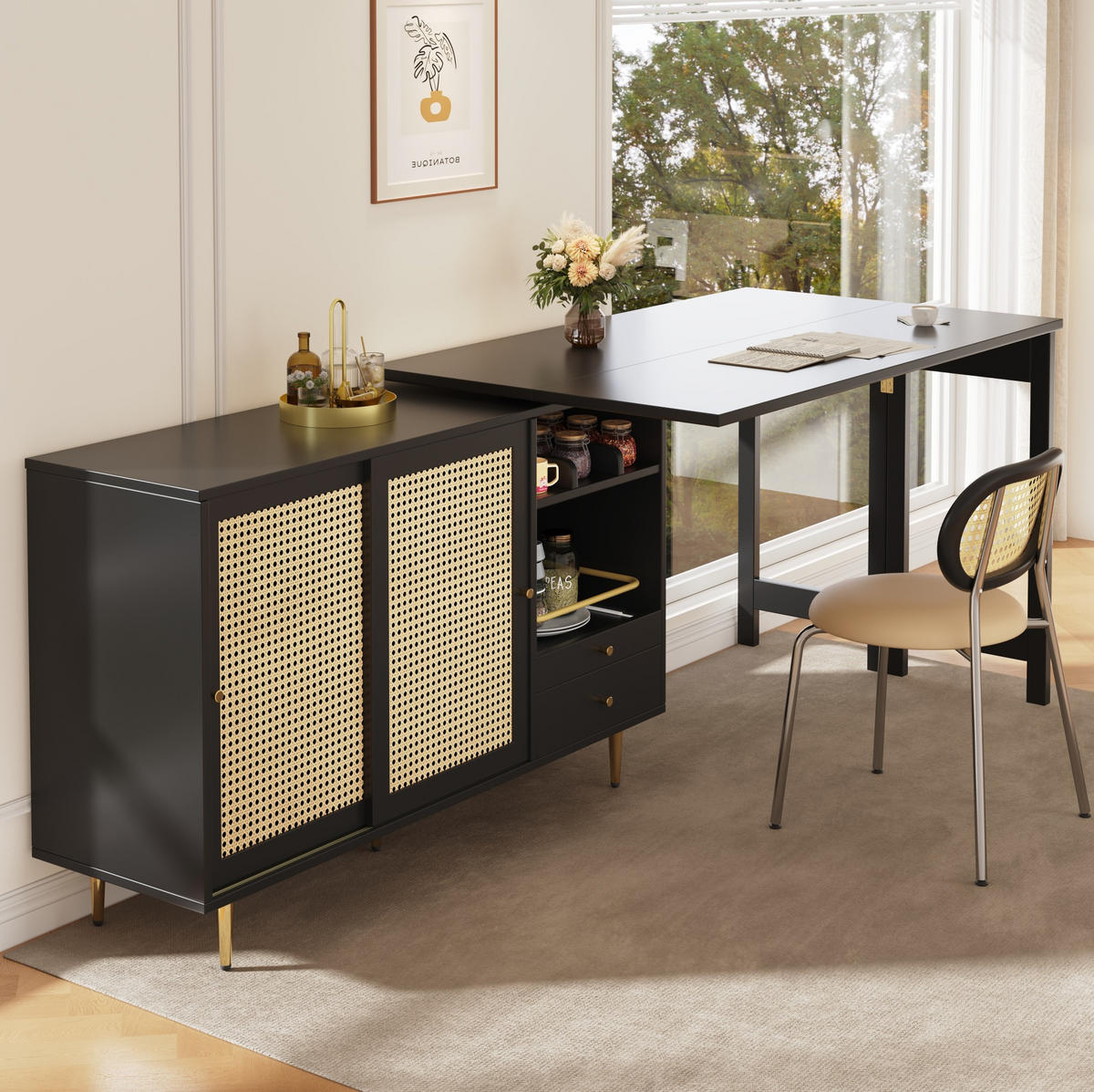 ESSZIMMERSCHRANK aus MDF 107-187x40x71-76cm in Schwarz mit 360° drehbarer Ablage - Schwarz, Holzwerkstoff (187/76/40cm) - Modfu