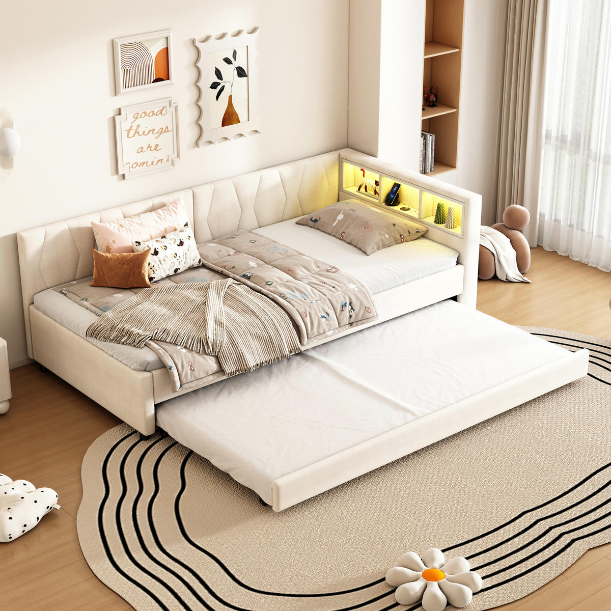 POLSTERBETT 90/200 cm beige mit USB- und Type-C-Anschlüssen und LED-Beleuchtung - Beige, Textil (90/200cm) - OKWISH