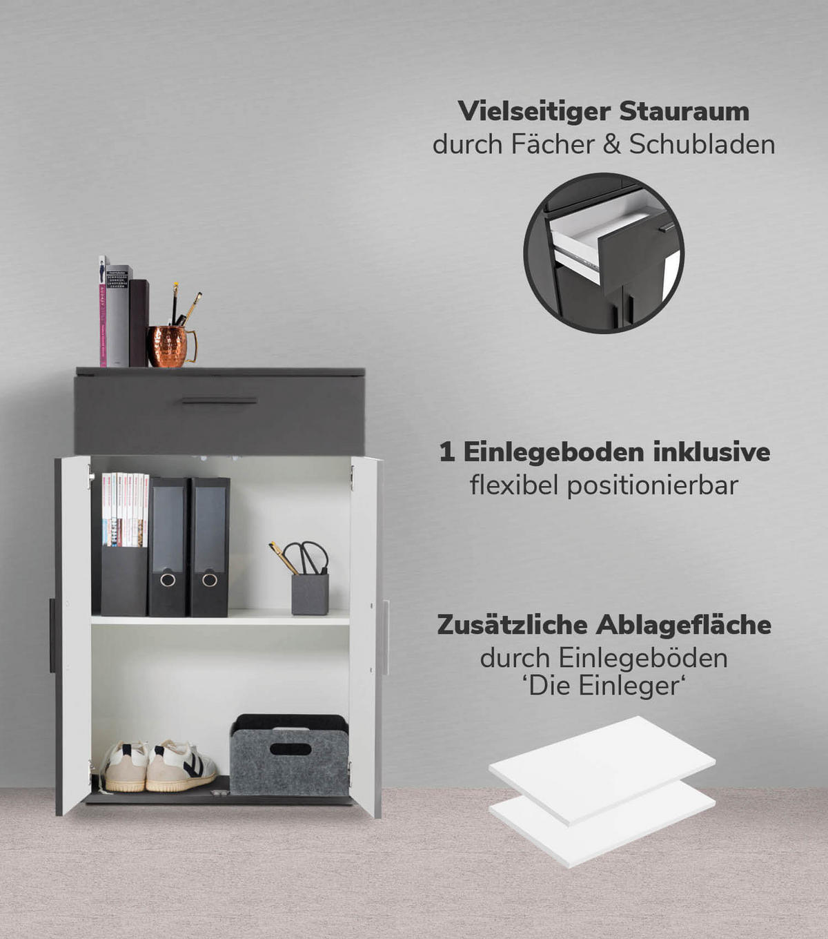 MEHRZWECKSCHRANK SET Der Allzweckwaffe - Anthrazit/Schwarz, Holzwerkstoff (60/180/34cm) - Mokebo