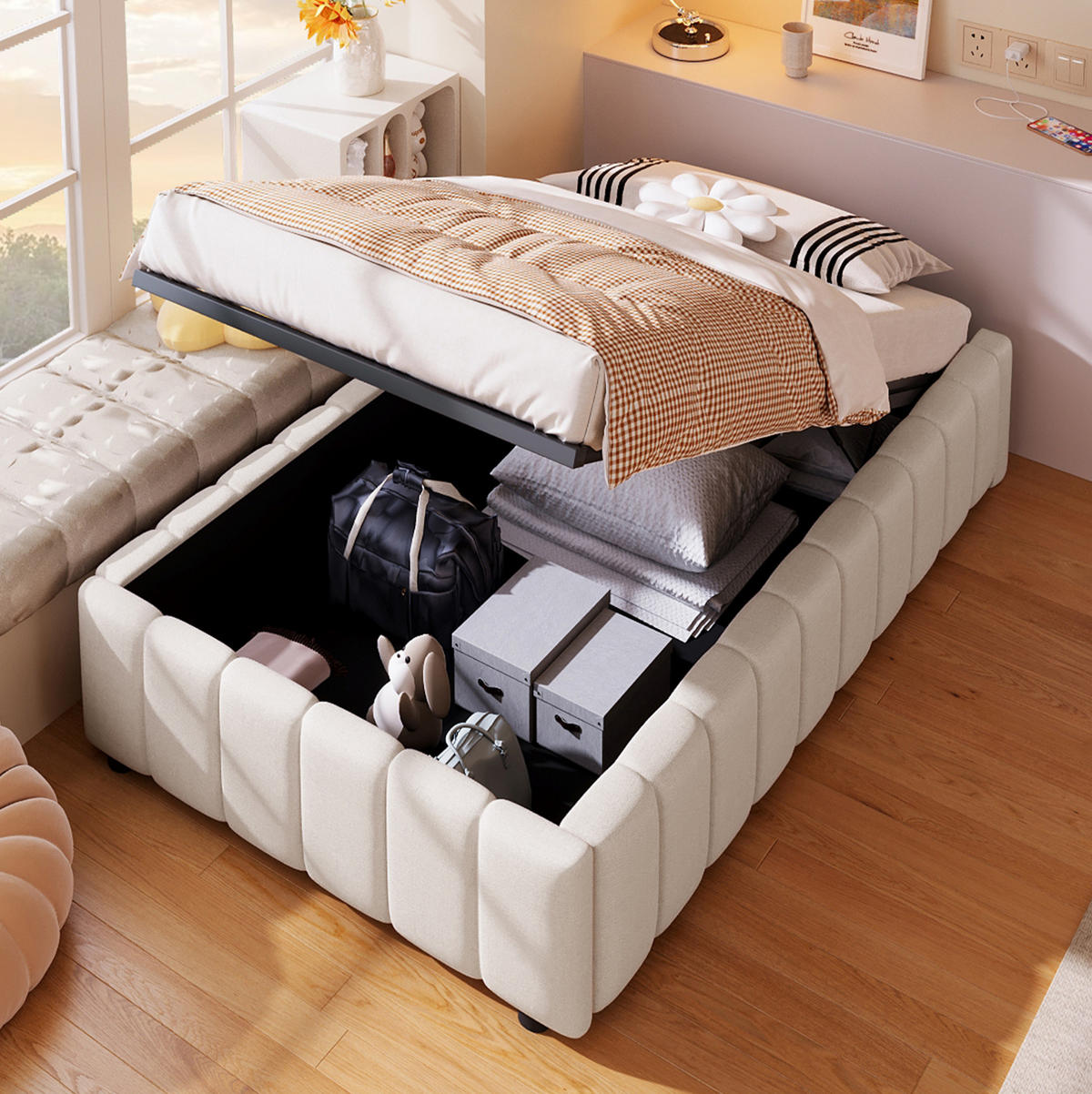 POLSTERBETT 90/200 cm Beige aus Leinen mit Bettkasten ohne Kopfteil - Beige, Textil (90/200cm) - Flora Grace