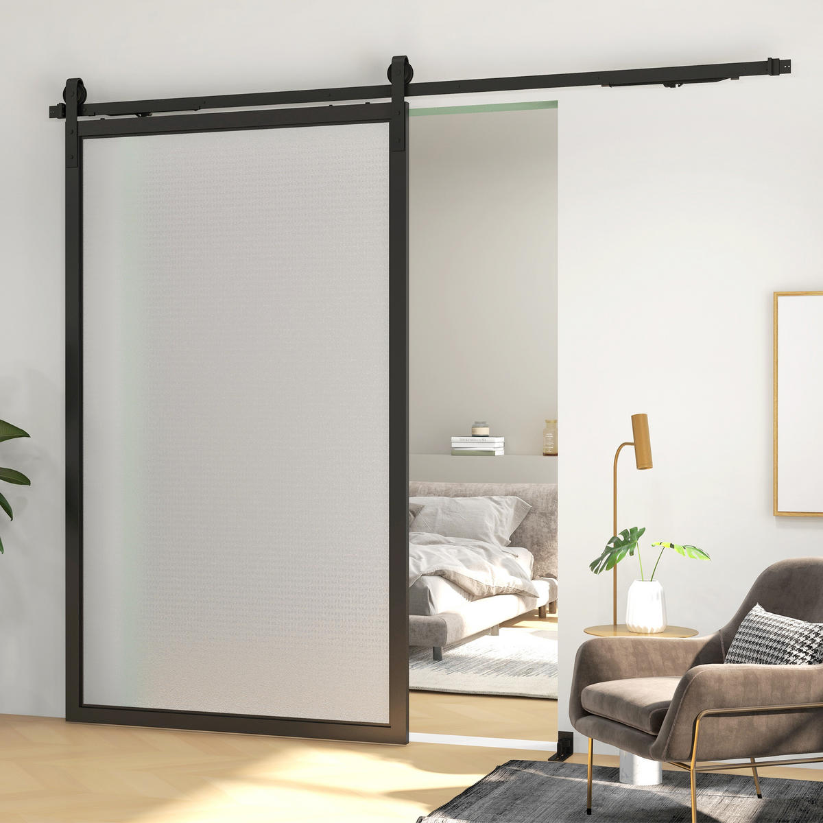 SCHIEBETÜREN-BESCHLAGSATZ, 244 cm Komplett-Set mit Schienen, Rollen, Anti-Sprung-Vorrichtungen, Türstopper, Schwarz - Schwarz, Metall (0.5/4/244cm) - HOMCOM