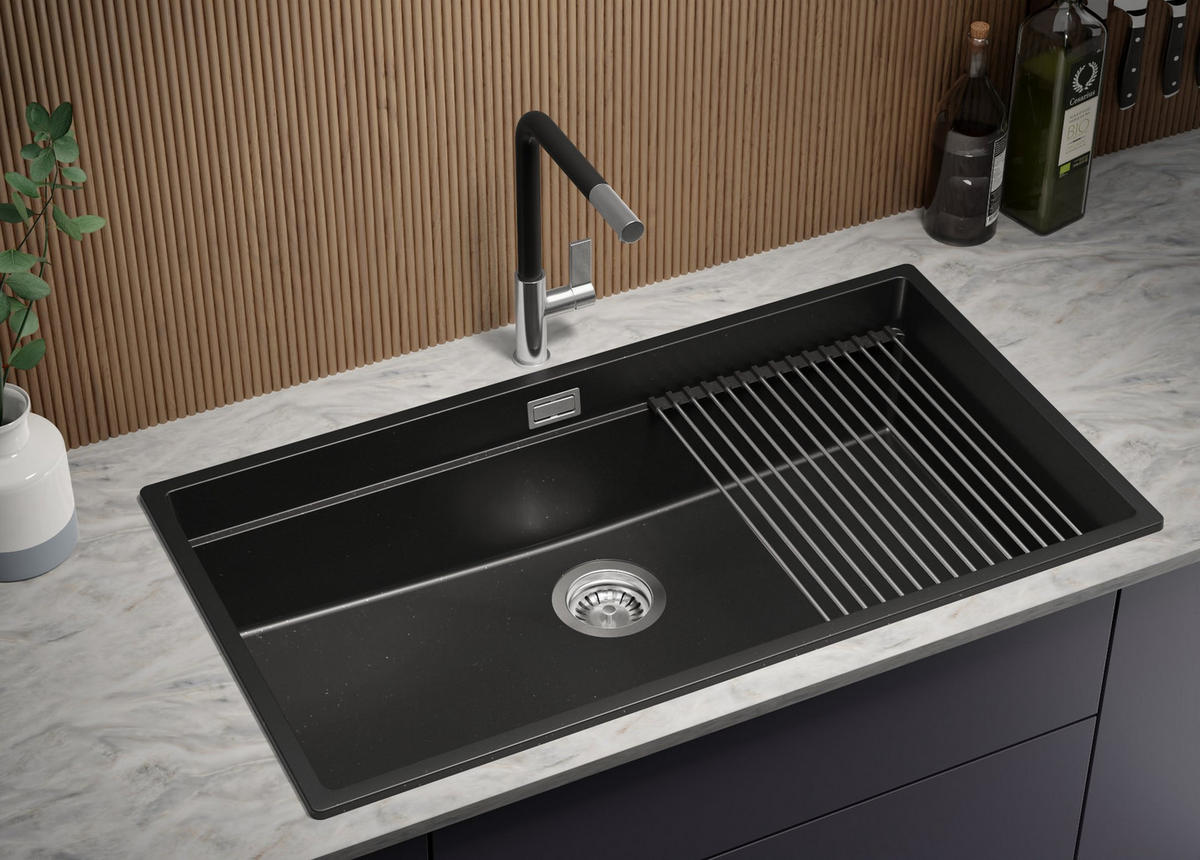 SPÜLBECKEN Prag, 3-er set Schwarz Metallic 86/47 cm, 1 Becken + Ablauf-Set + Aufrollbare Abtropffläche ab 90er Unterschrank - Chromfarben/Schwarz Hochglanz, Kunststoff (86/20/47cm) - Primagran