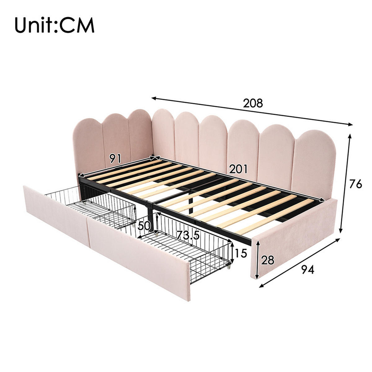 JUGENDBETT 90/200 cm in Rosa Samt - Pink, Holz/Textil (90/200cm) - KOMHTOM