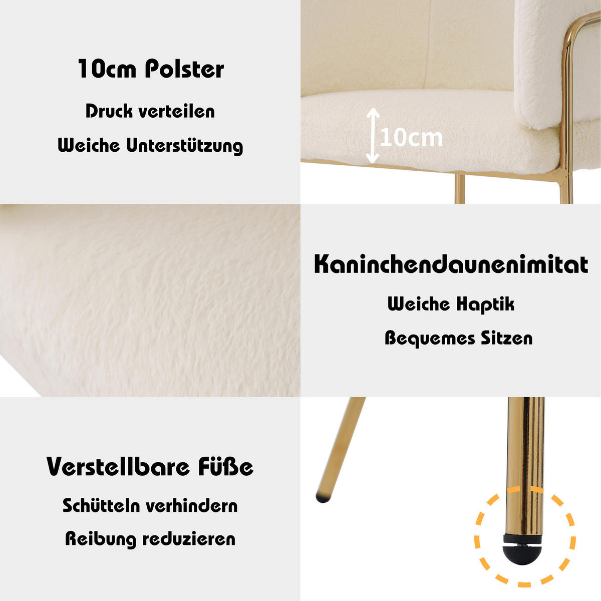 ESSZIMMERSTÜHLE Beige Kunstfell mit Metallbeinen - Beige/Goldfarben, Textil (57/77/57cm) - Urban Meuble