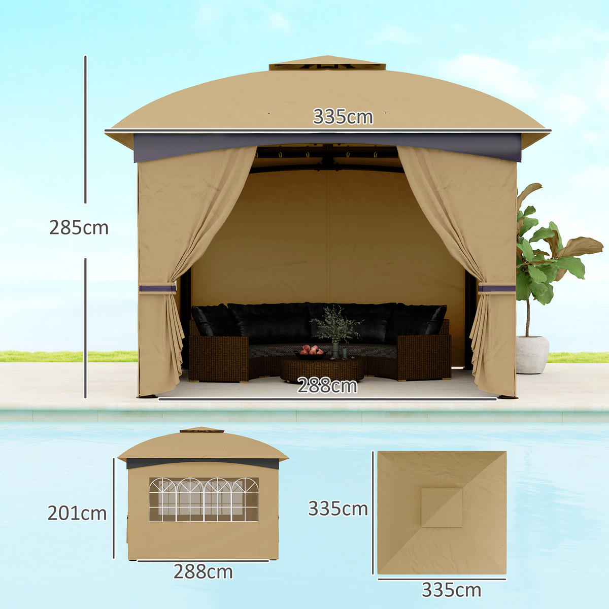 PAVILLON 3,4 x 3,4 m - Beige, Metall (335/285/335cm) - Outsunny