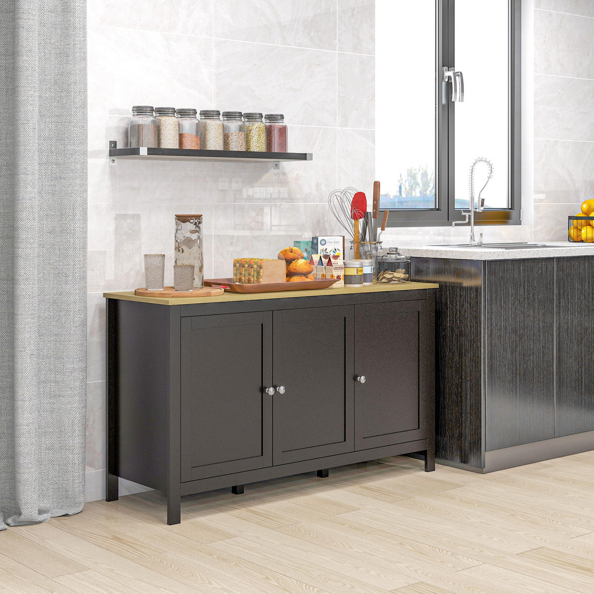 SIDEBOARD Schwarz und Holzoptik, 3 Türen, 120/40/70 cm - Schwarz, Holz (120/70/40cm) - PANGIVO