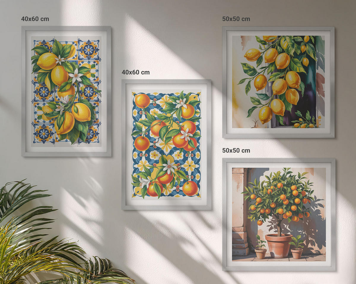 BILDER SET 4er Set - 50x50 cm & 40x60 cm Silberner Rahmen - Farbenfrohe abstrakte Zitrusfrüchte - Silberfarben, Kunststoff (50/50cm) - TULUP