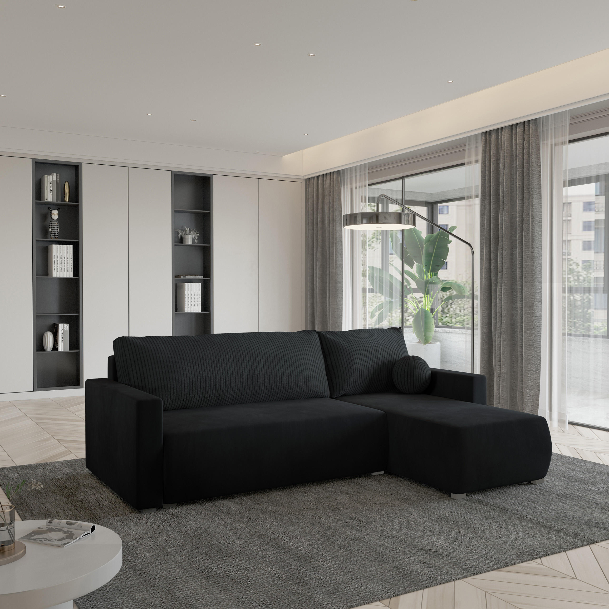 ECKSOFA SORGE Schwarz Plüsch-Stoff mit Schlaffunktion - Schwarz, Holz (220/143cm) - MASSENO