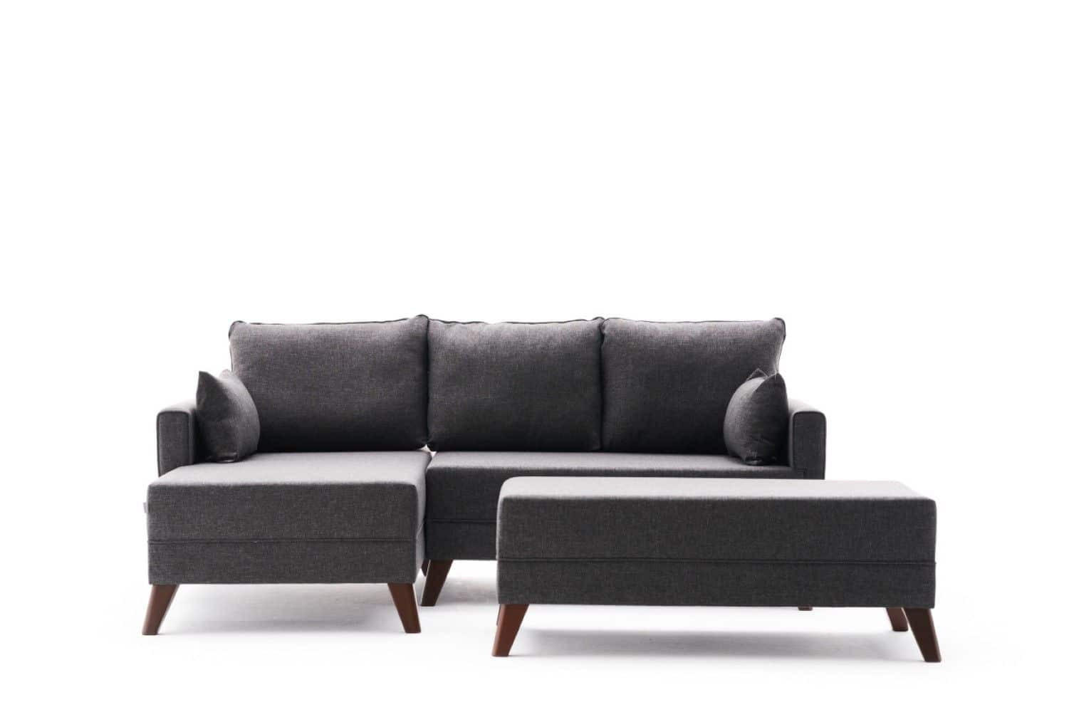 ECKSOFA mit Hocker als Schlaffläche, perfekt für kleine Räume - Anthrazit/Walnussfarben, Holz/Kunststoff (205/140cm) - myHomelando