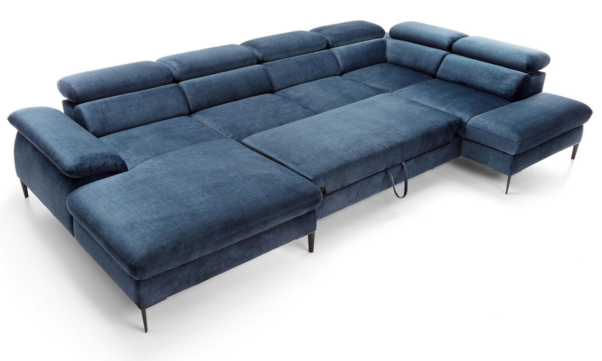 ECKSOFA U-Form 350 cm Amaro M mit Schlaffunktion, Links, Dunkelblau - Dunkelblau, Holz (214/353cm) - Emporius