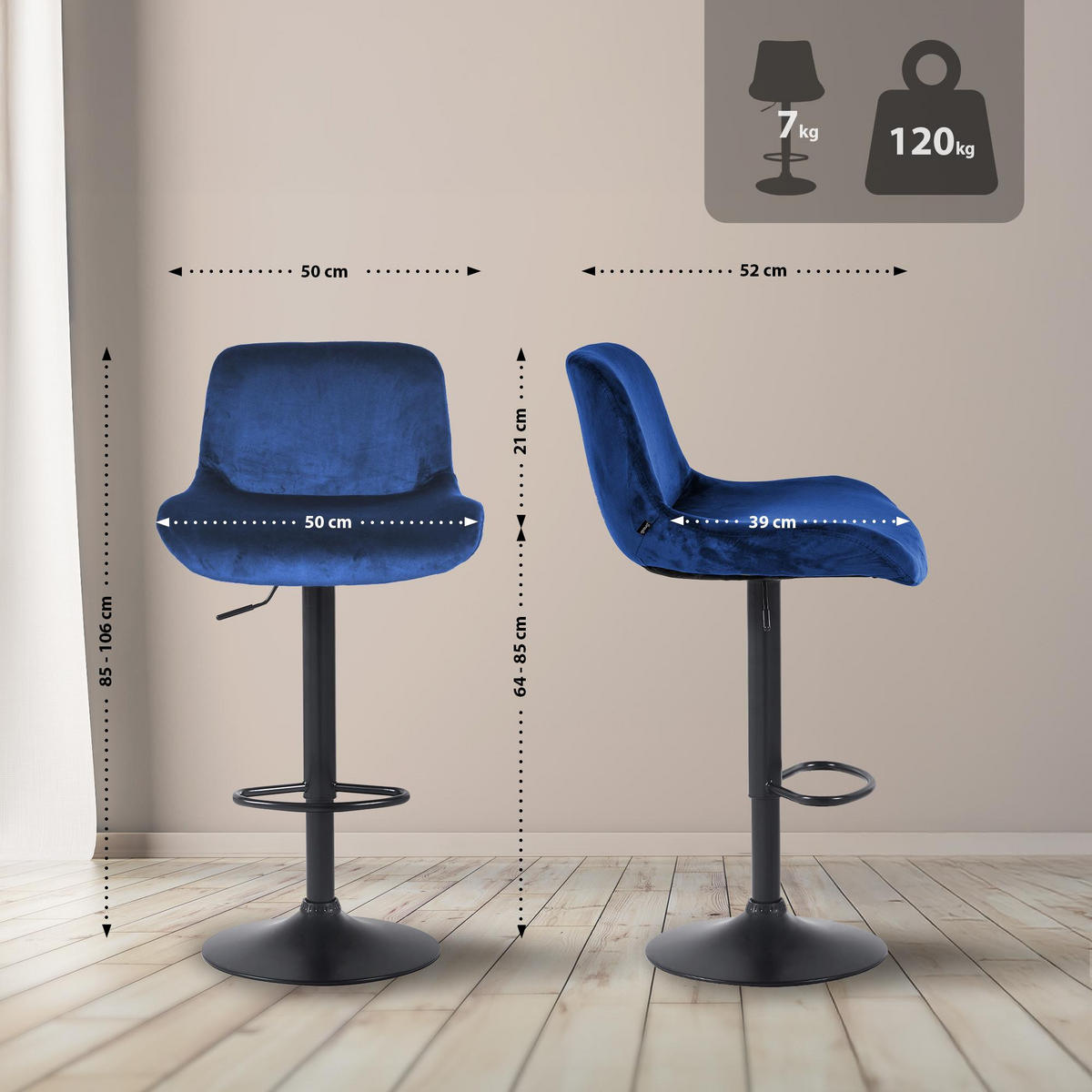 BARHOCKER Samt blau - Blau/Schwarz, Textil/Metall (50/85/50cm) - CLP
