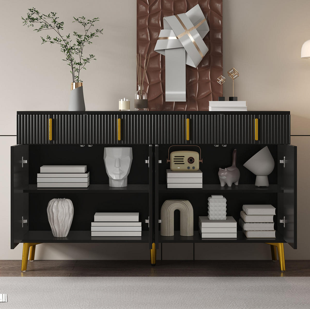 KOMMODE aus MDF 140x38x82cm in Schwarz mit 4 Türen & 4 Schubladen - Schwarz, Holzwerkstoff (140/82/38cm) - Modfu